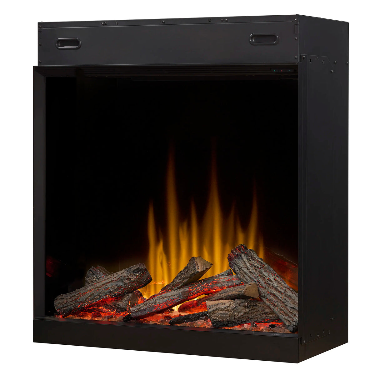 Electric firebox with side panels, glowing flames behind wood log set