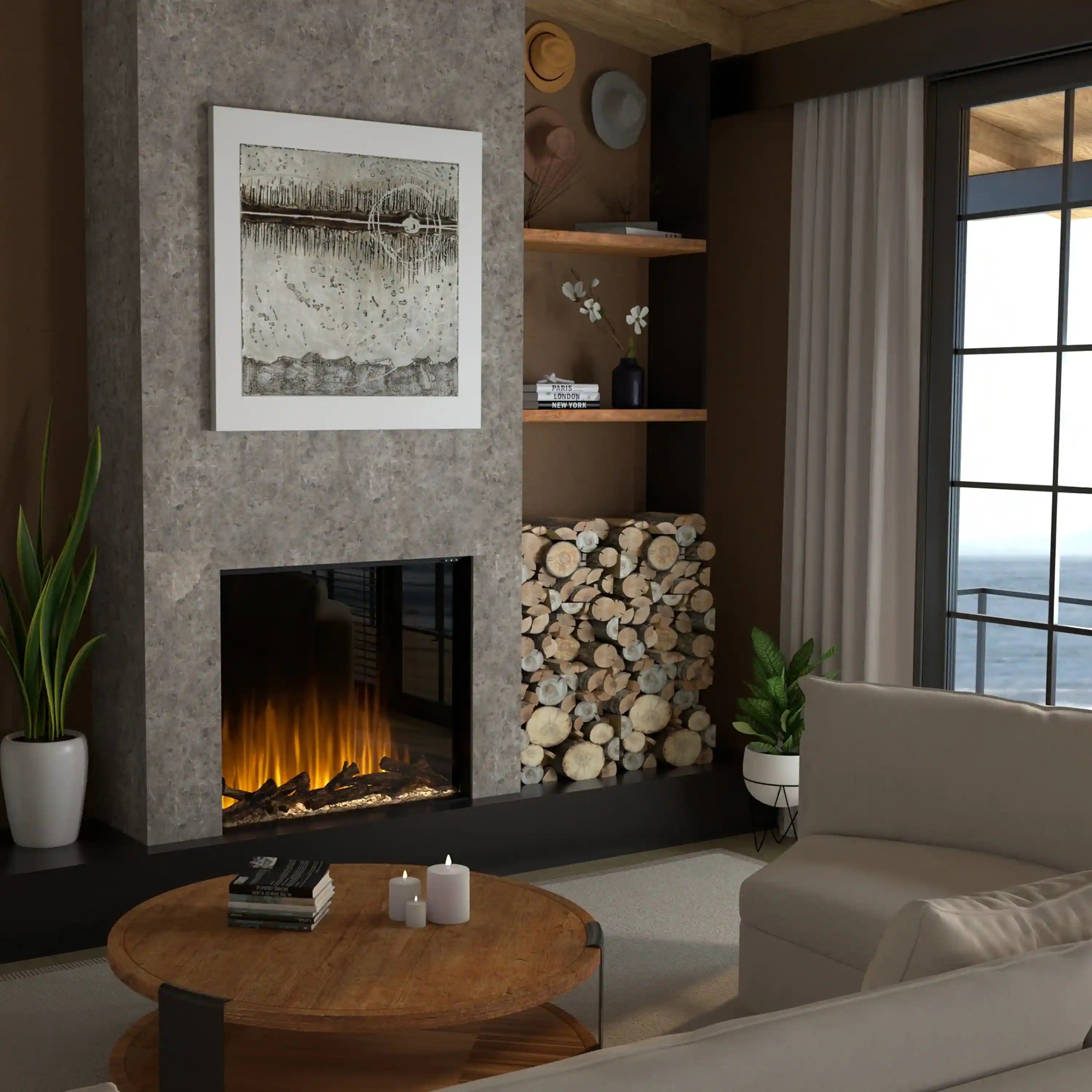 Black electric firebox with glowing logs and flames inside stone surround