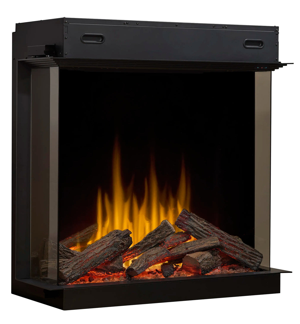Black electric firebox with flame-effect logs and glowing ember bed behind glass