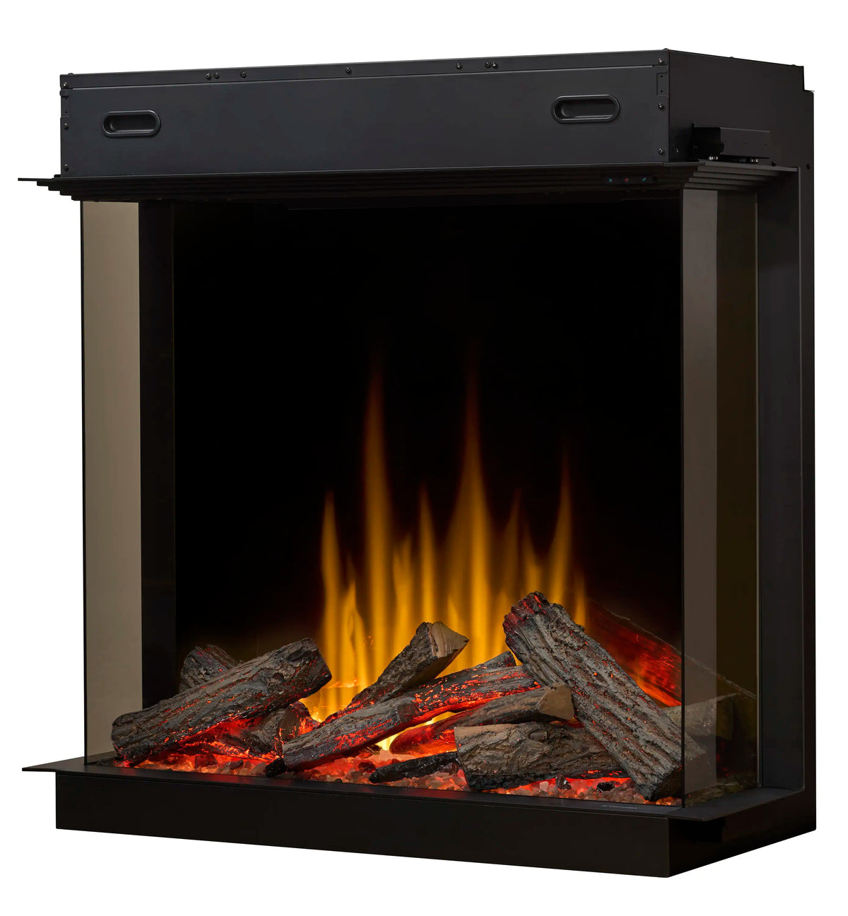 Black electric firebox with flame-effect logs and glowing ember bed in front view