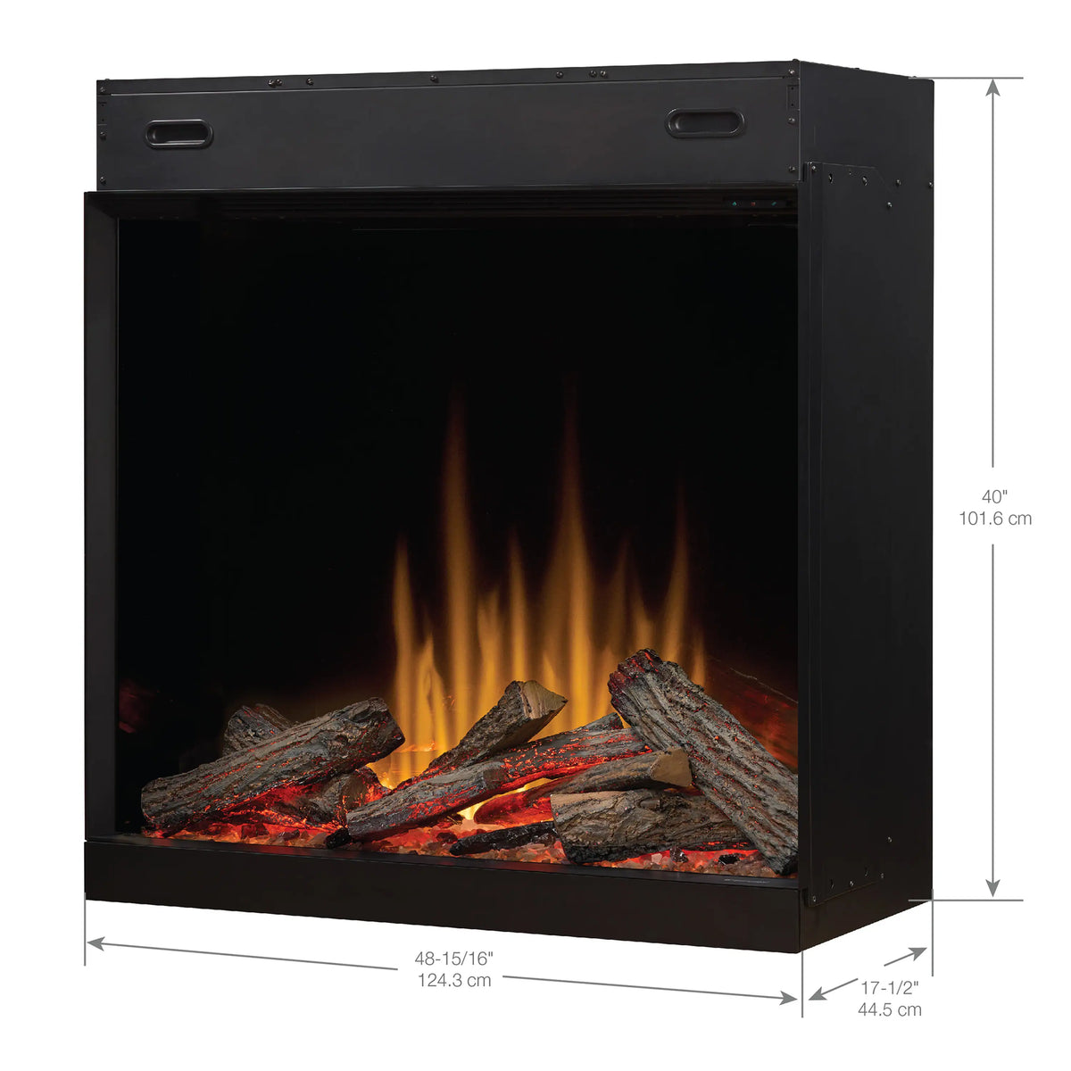 Black electric firebox with flame-effect logs, ember bed, and size measurements