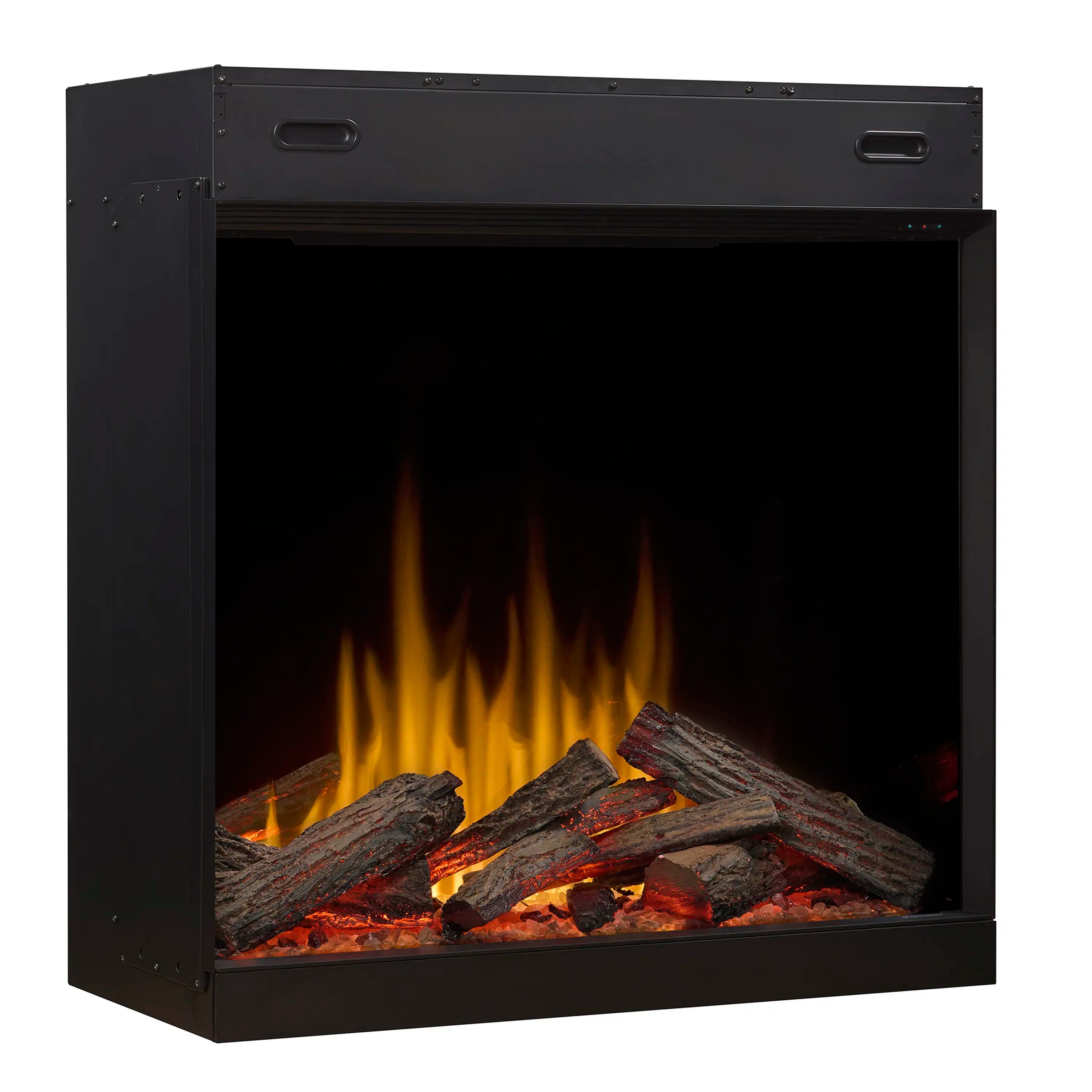 Black electric firebox with flame-effect logs and glowing ember bed