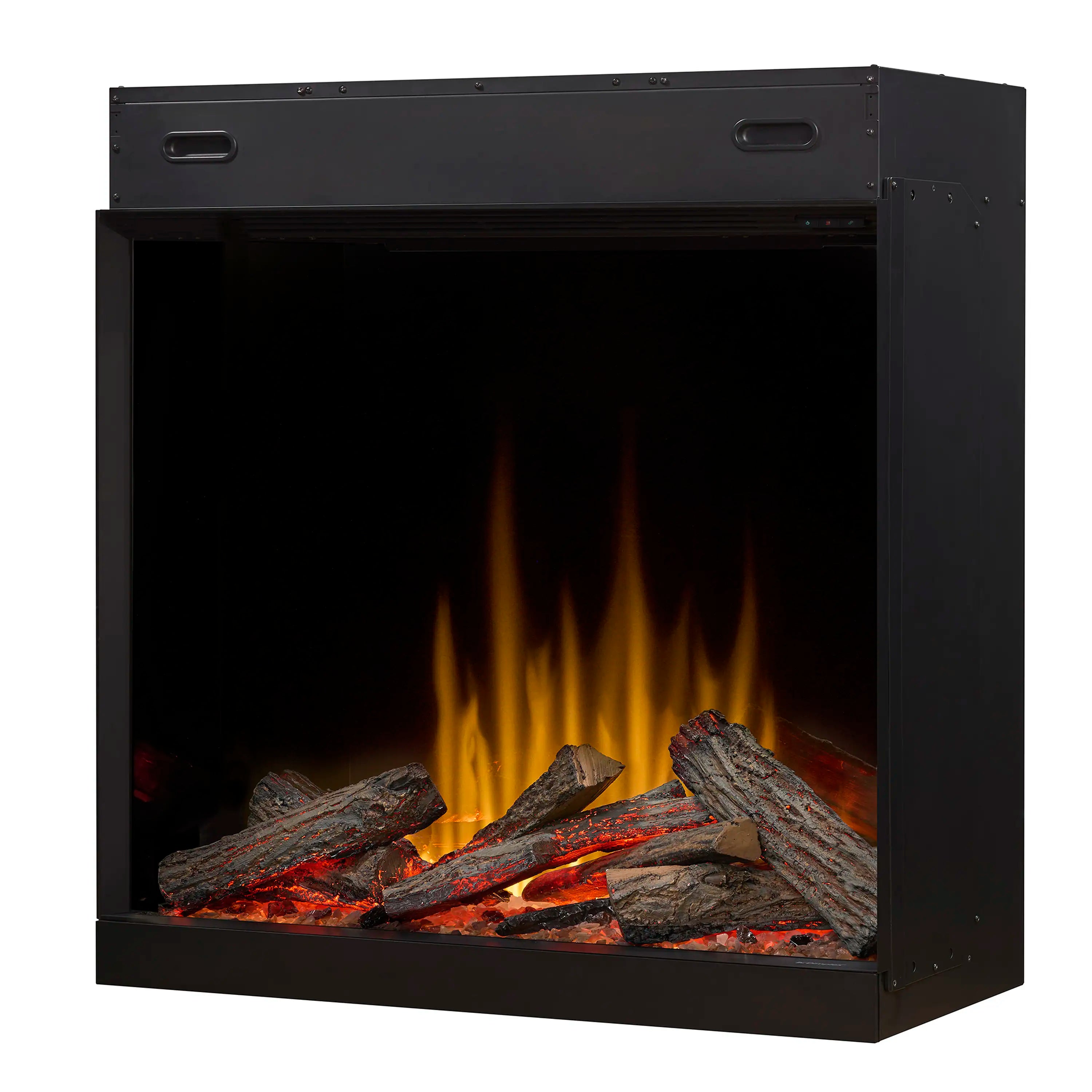 Black electric firebox with flame-effect logs and glowing ember bed