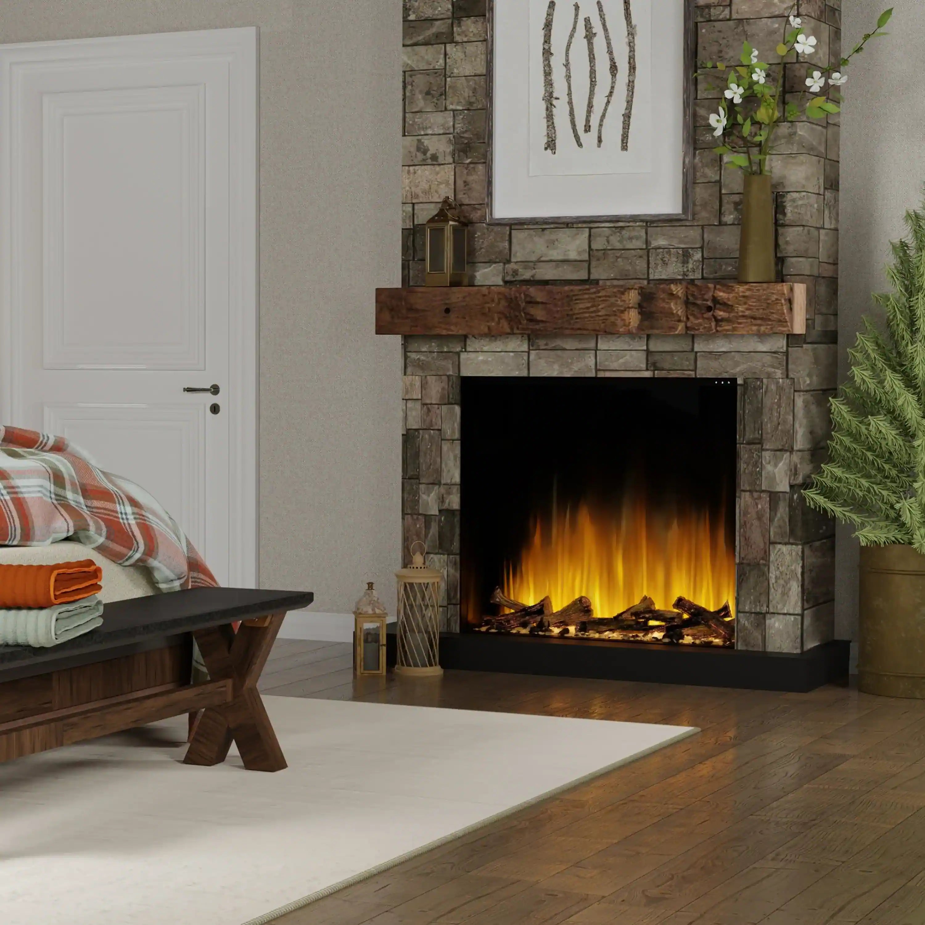 Electric fireplace with flame effect and stacked stone surround
