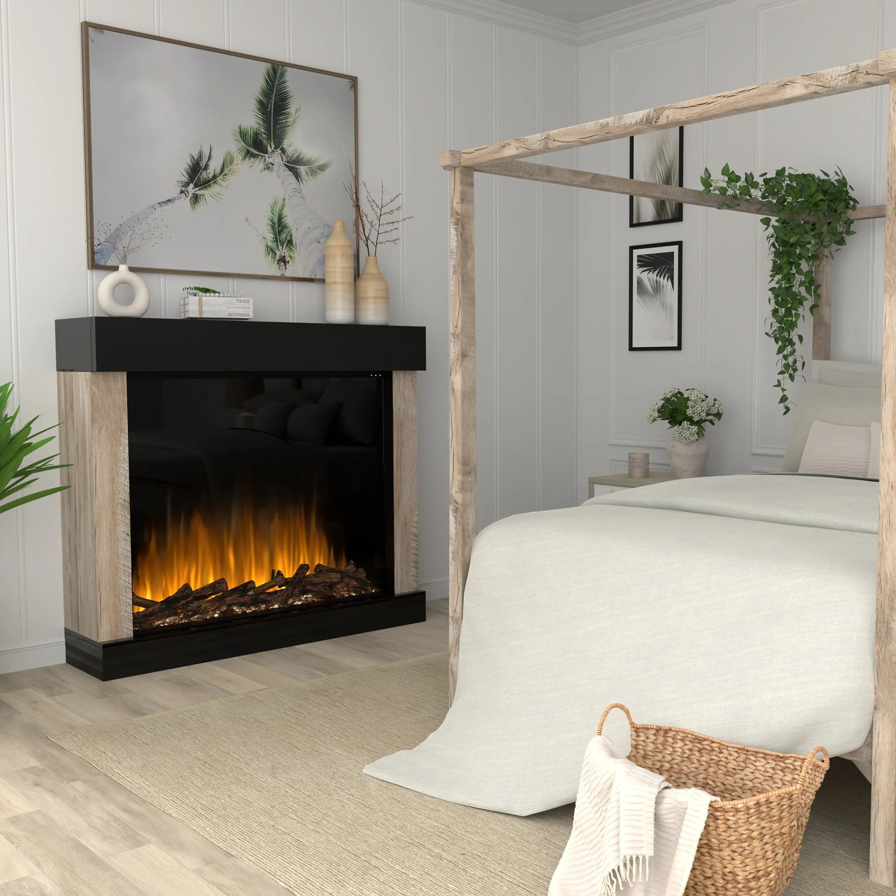 Black electric fireplace with flame effect in a modern living room setting