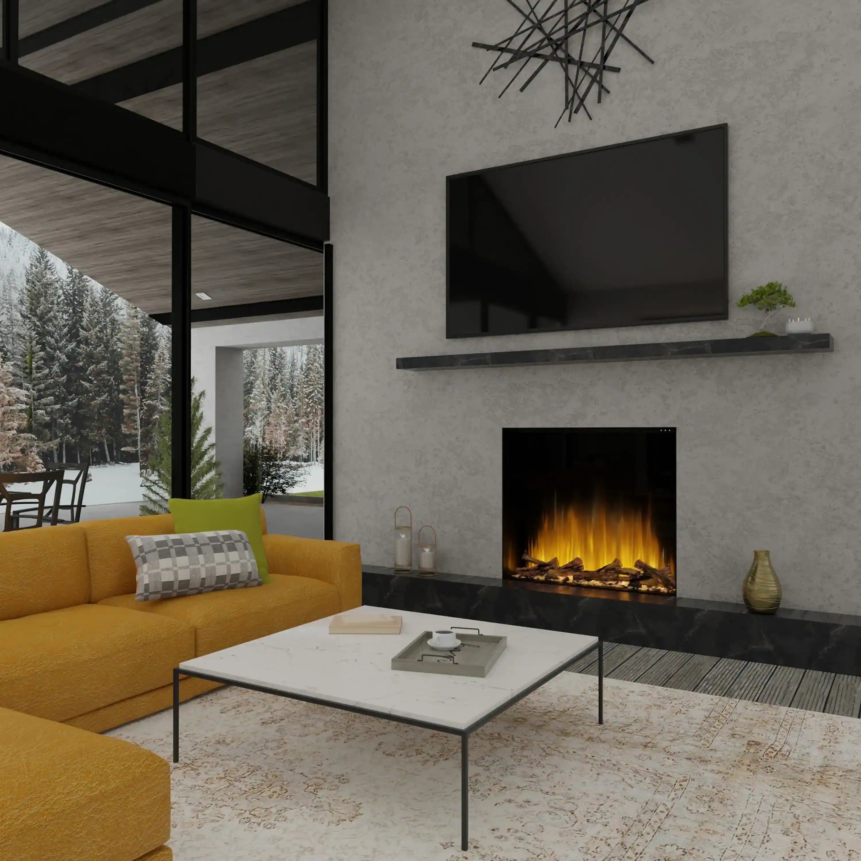 Inset electric fireplace with flame effect in a modern living room