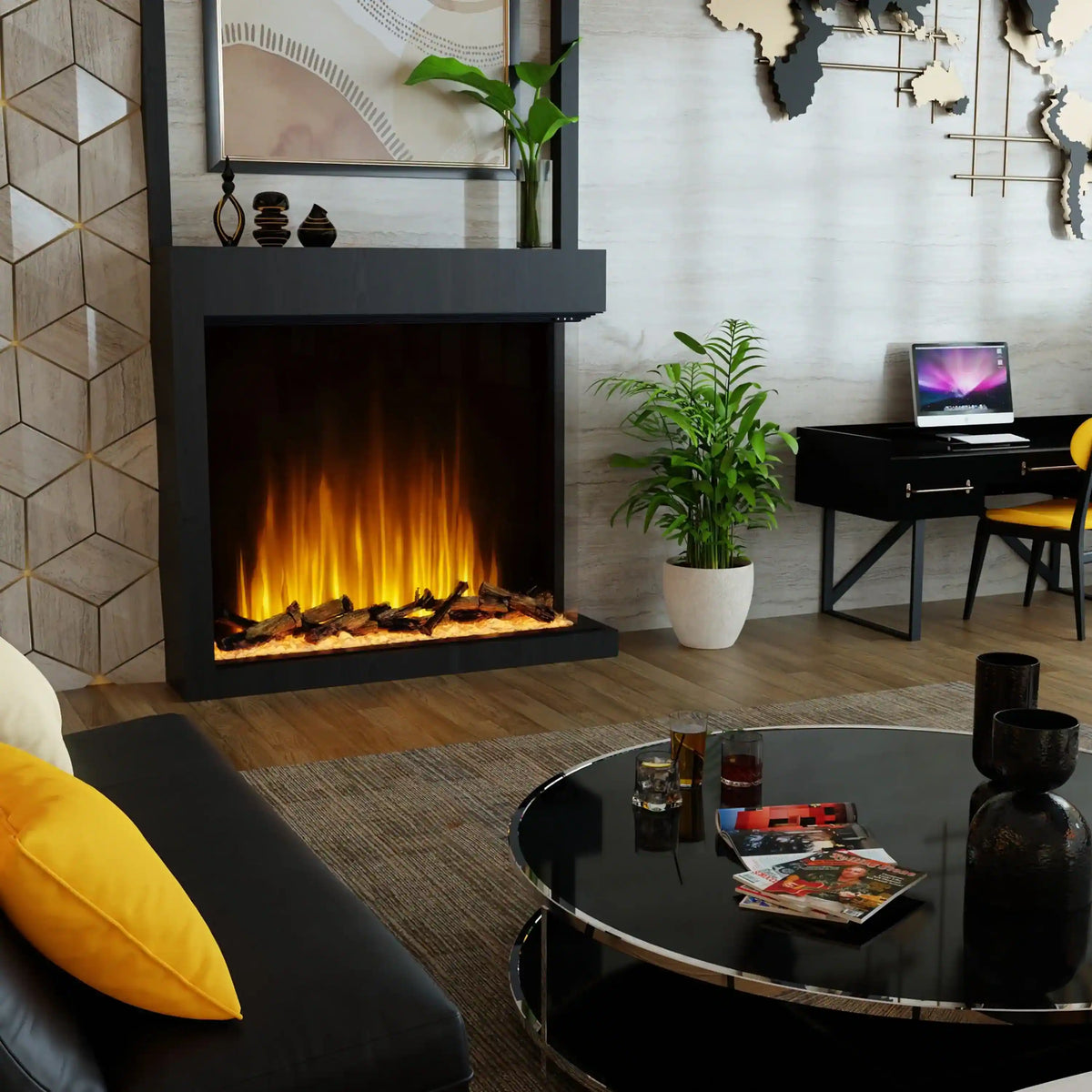 Flame electric fireplace insert with dark frame in a contemporary living room