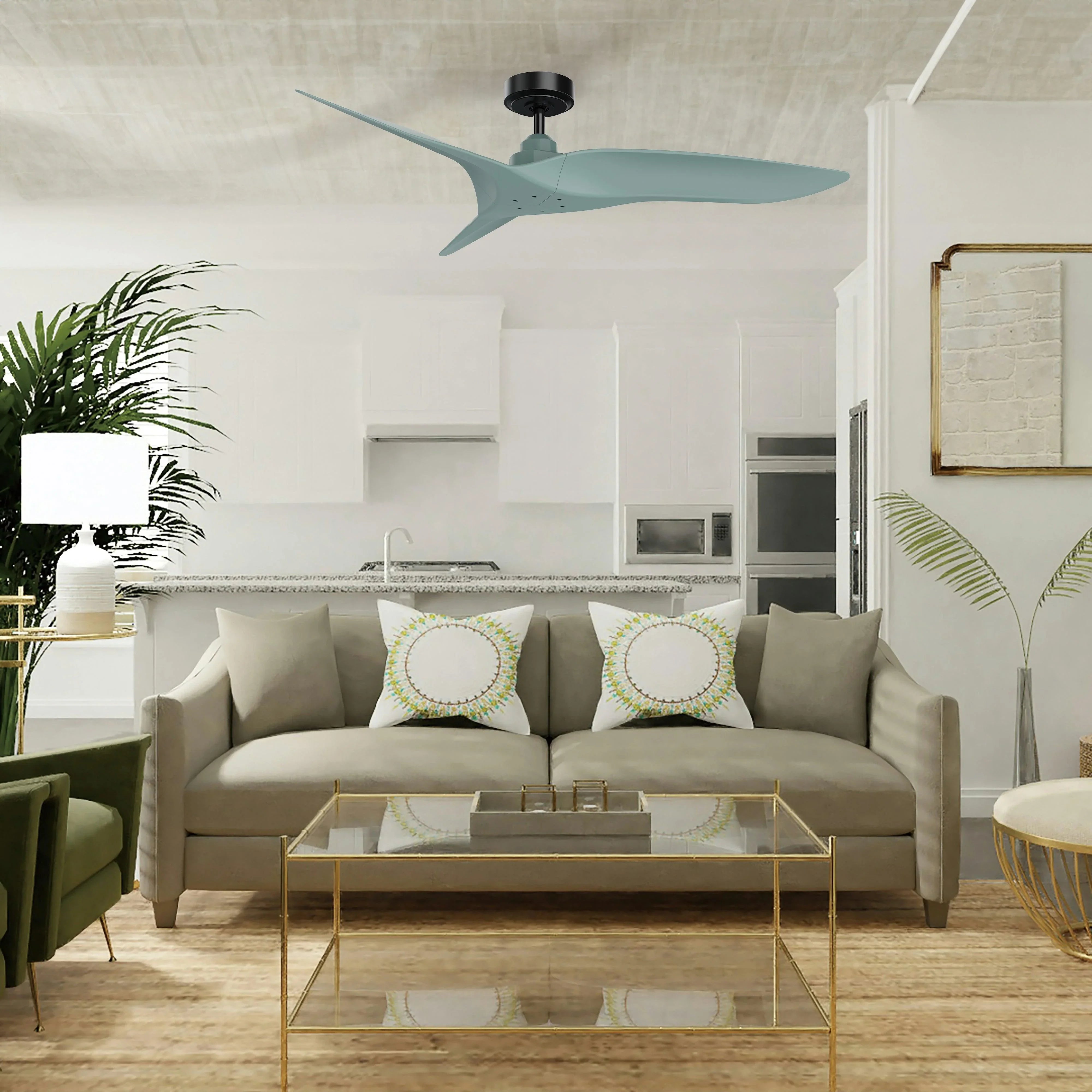 Light blue ceiling fan with three blades and dark motor housing on a downrod