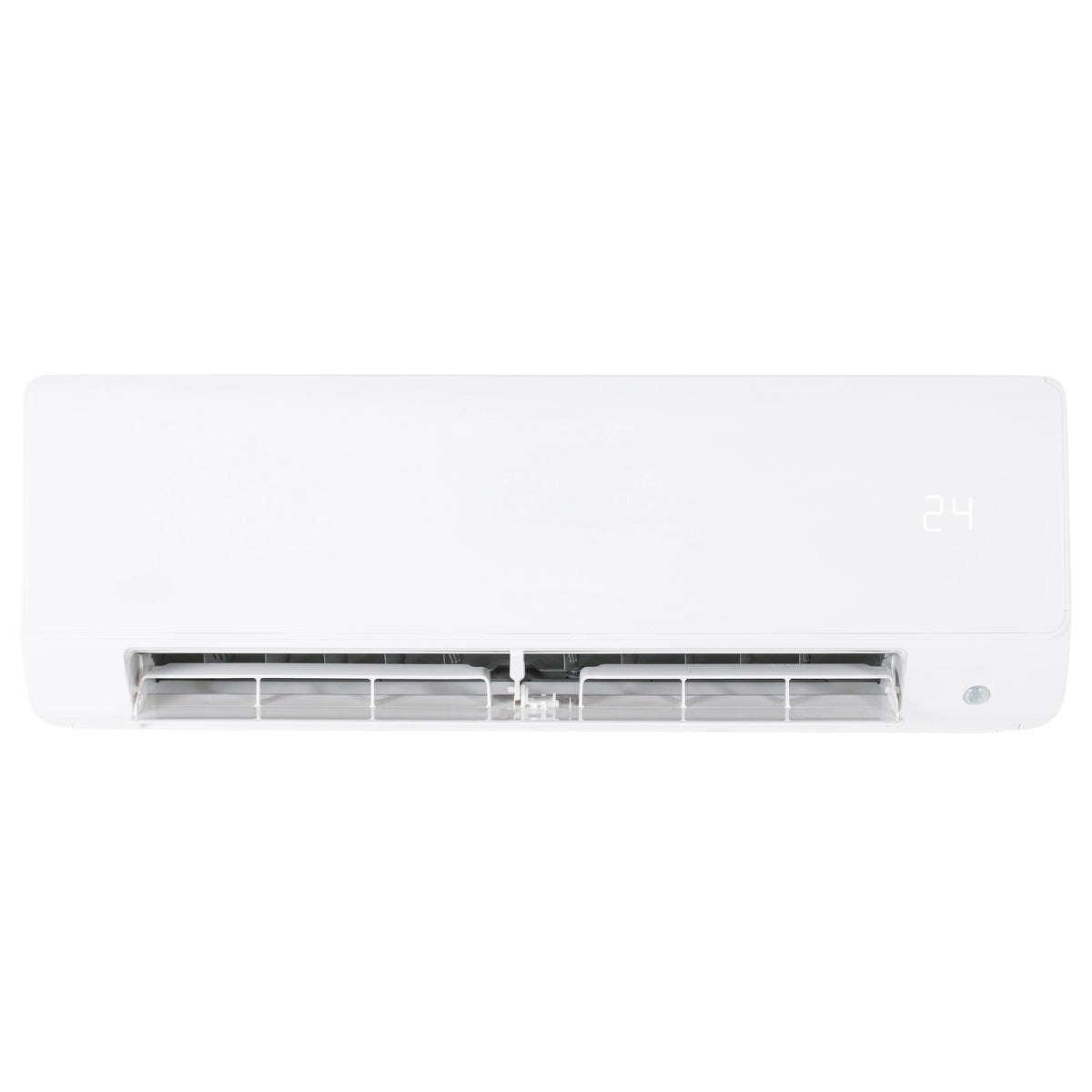 Wall-mounted ductless air handler, white indoor unit with vents and temperature display