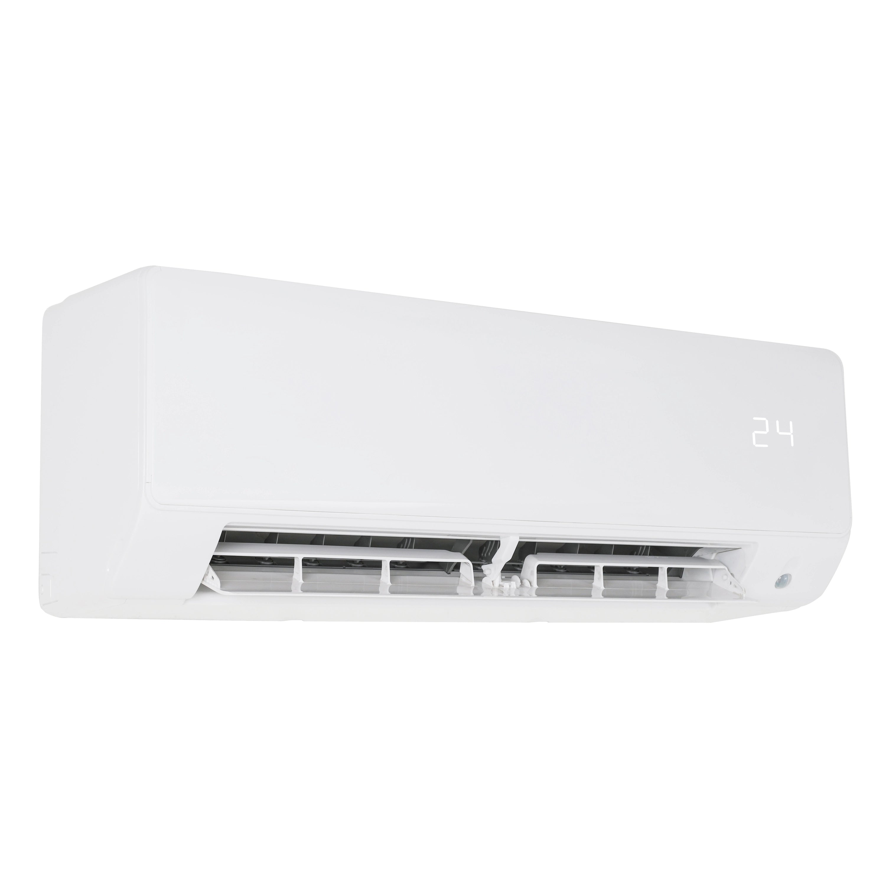 White ductless mini split indoor air handler with open front grille, showing vents