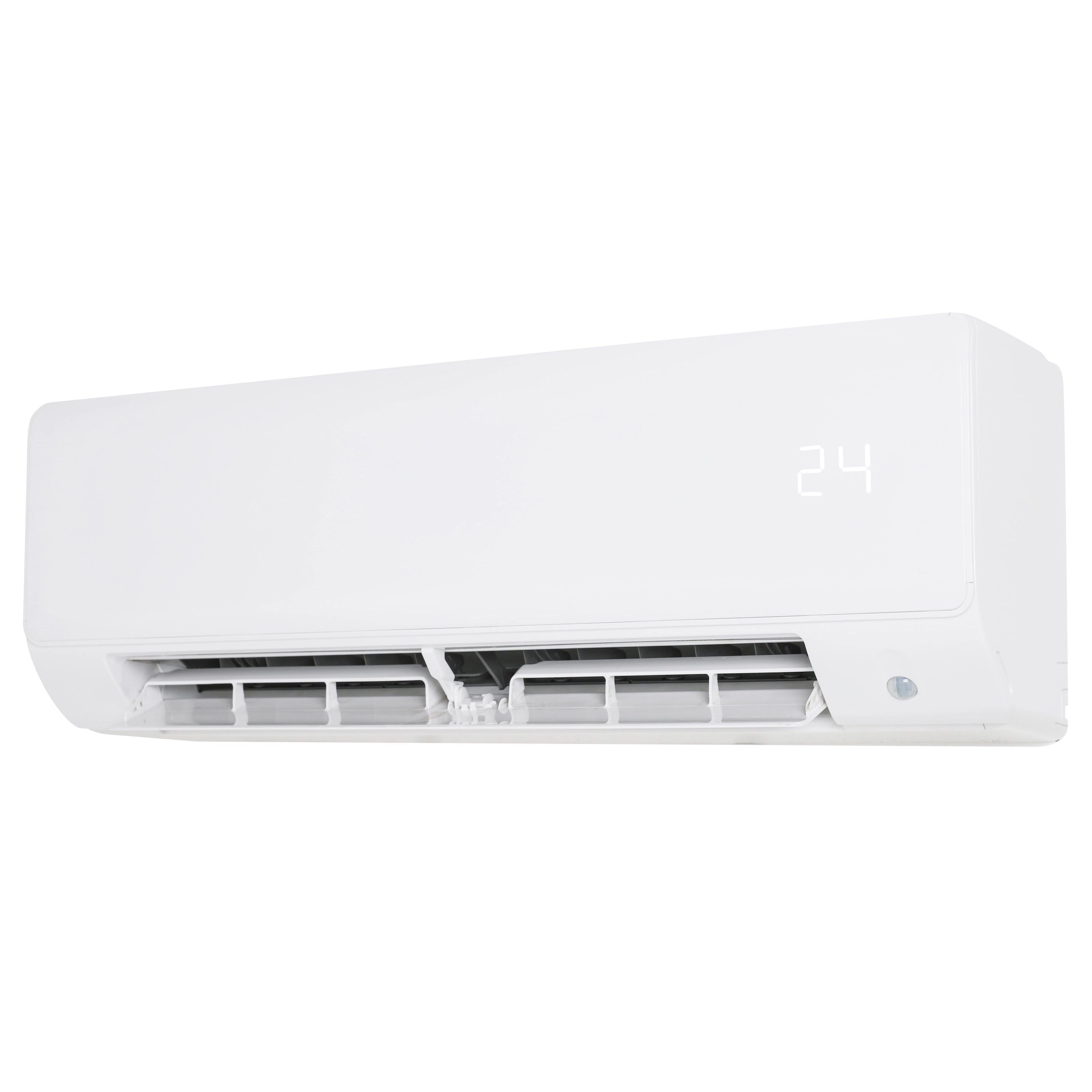 White wall-mounted mini split indoor unit with open vents and 24 display