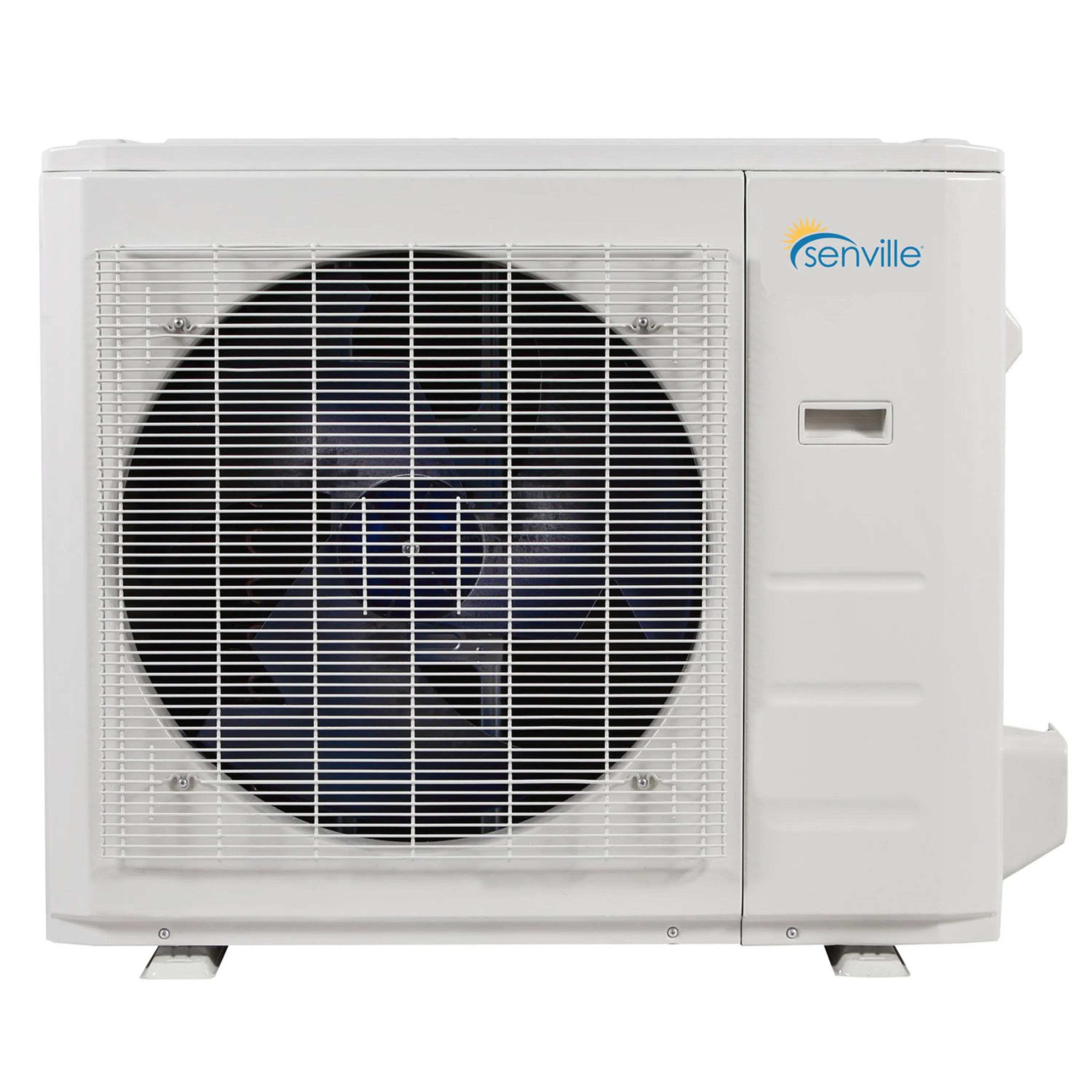 White outdoor mini split condenser unit with front fan grille and Senivlle logo