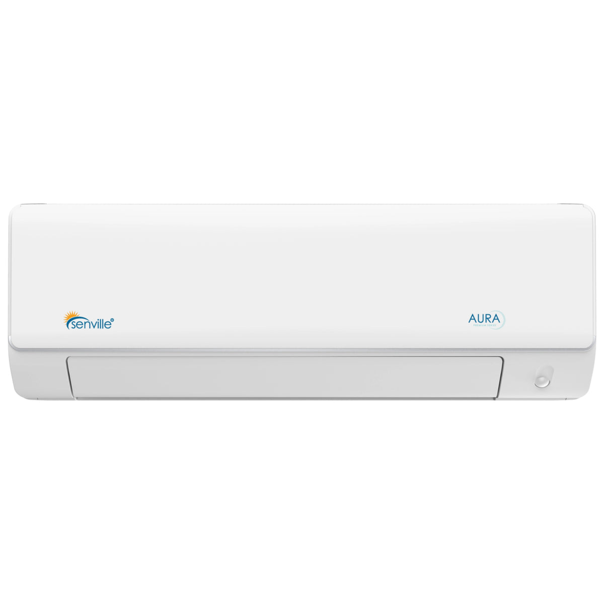 White wall-mounted ductless air handler front panel with logo and mode light