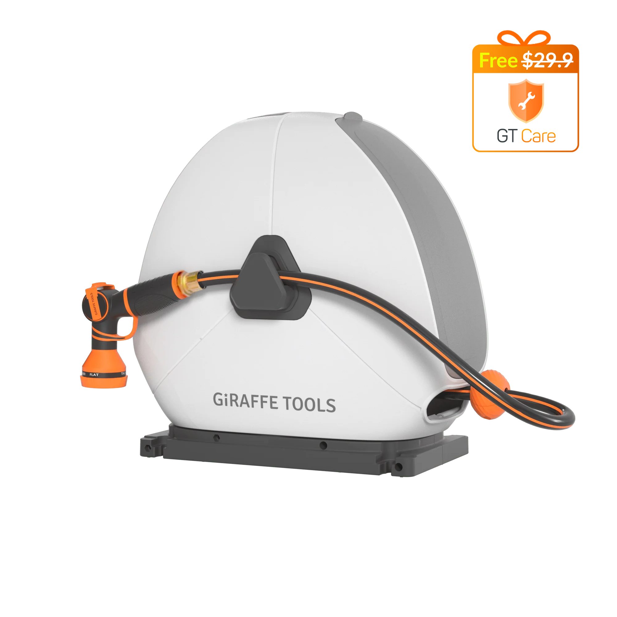 Retractable hose reel with grey housing and orange nozzle, ground-mounted stand