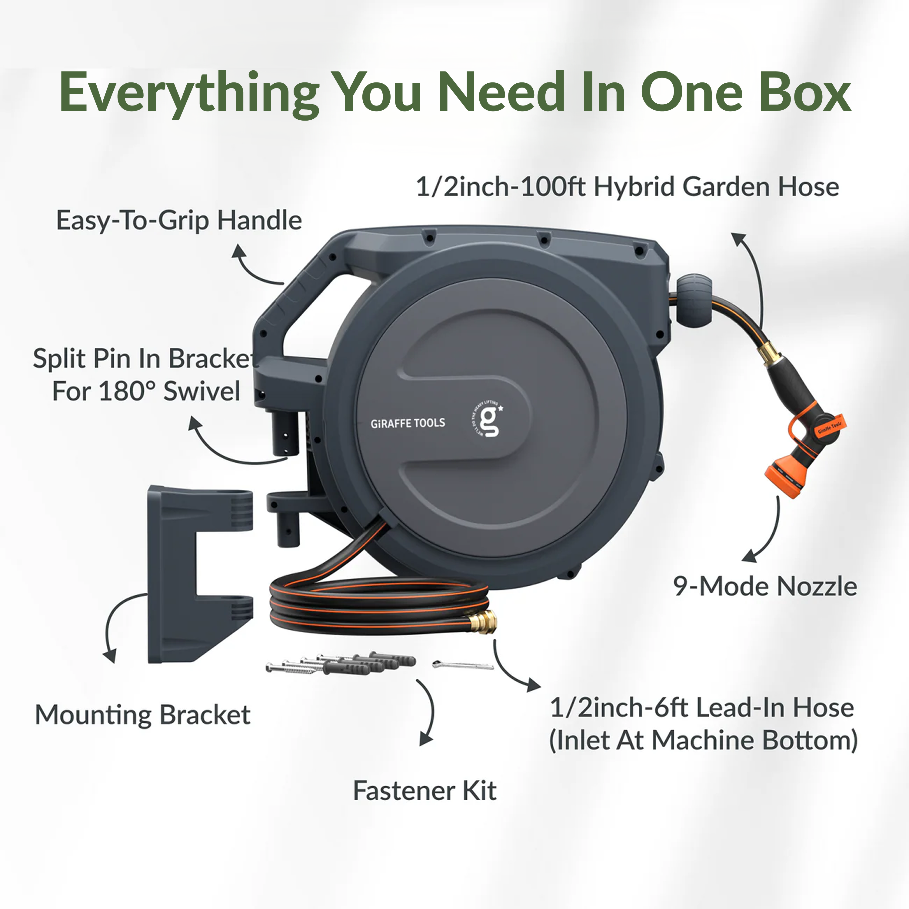 Retractable garden hose reel kit with dark gray housing and orange nozzle