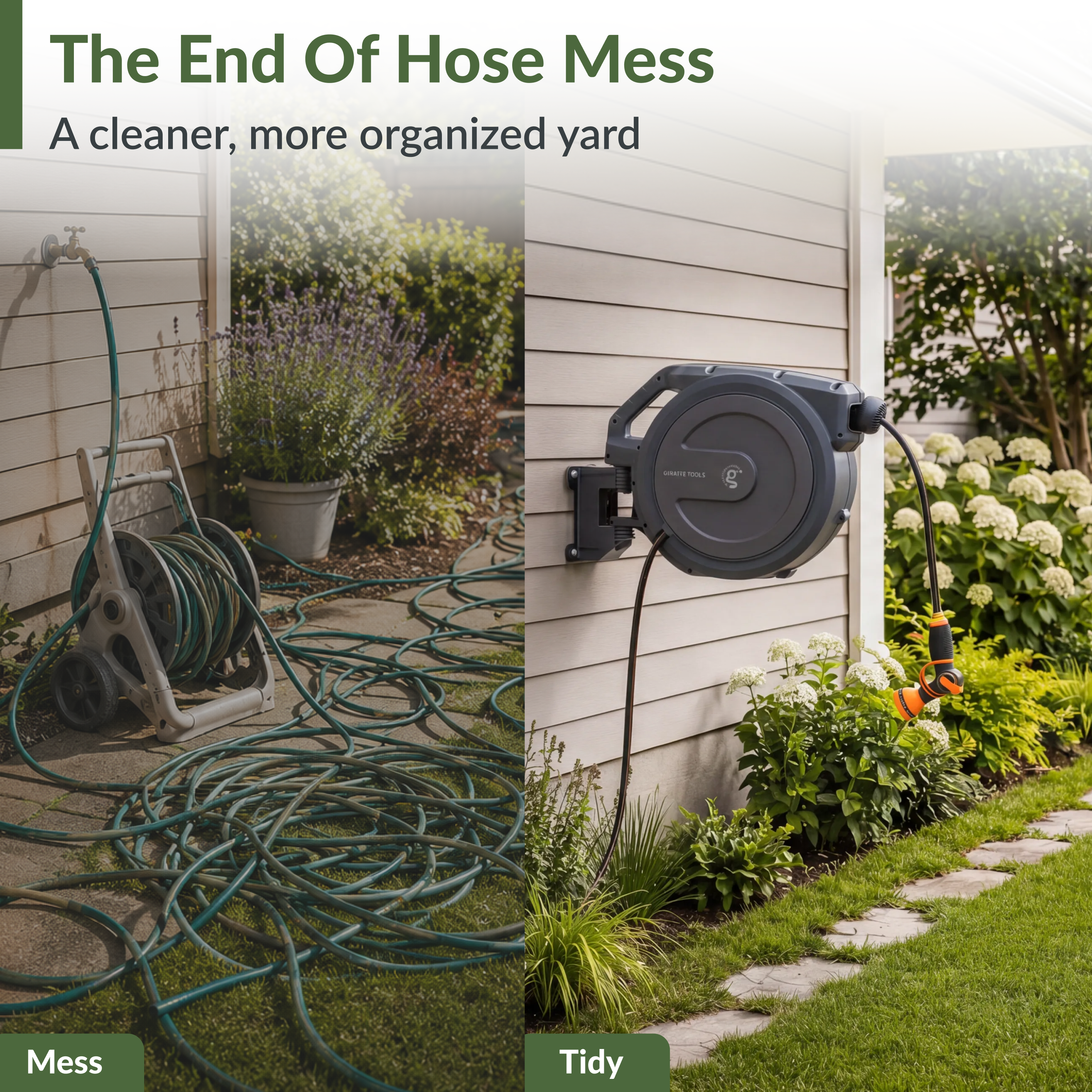 Retractable garden hose reel on outdoor wall with hose extended toward garden