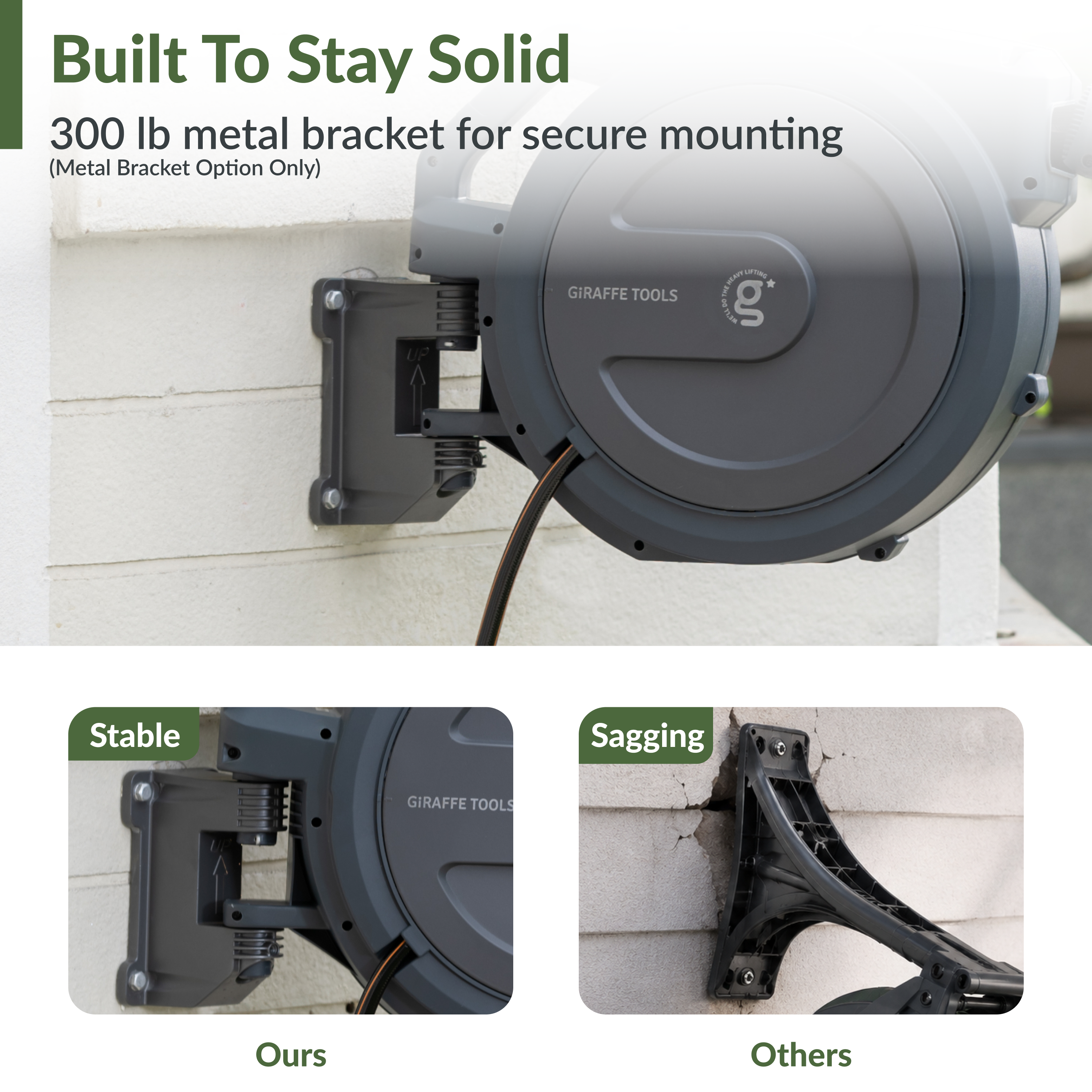Wall-mounted retractable hose reel with metal bracket and dark gray drum