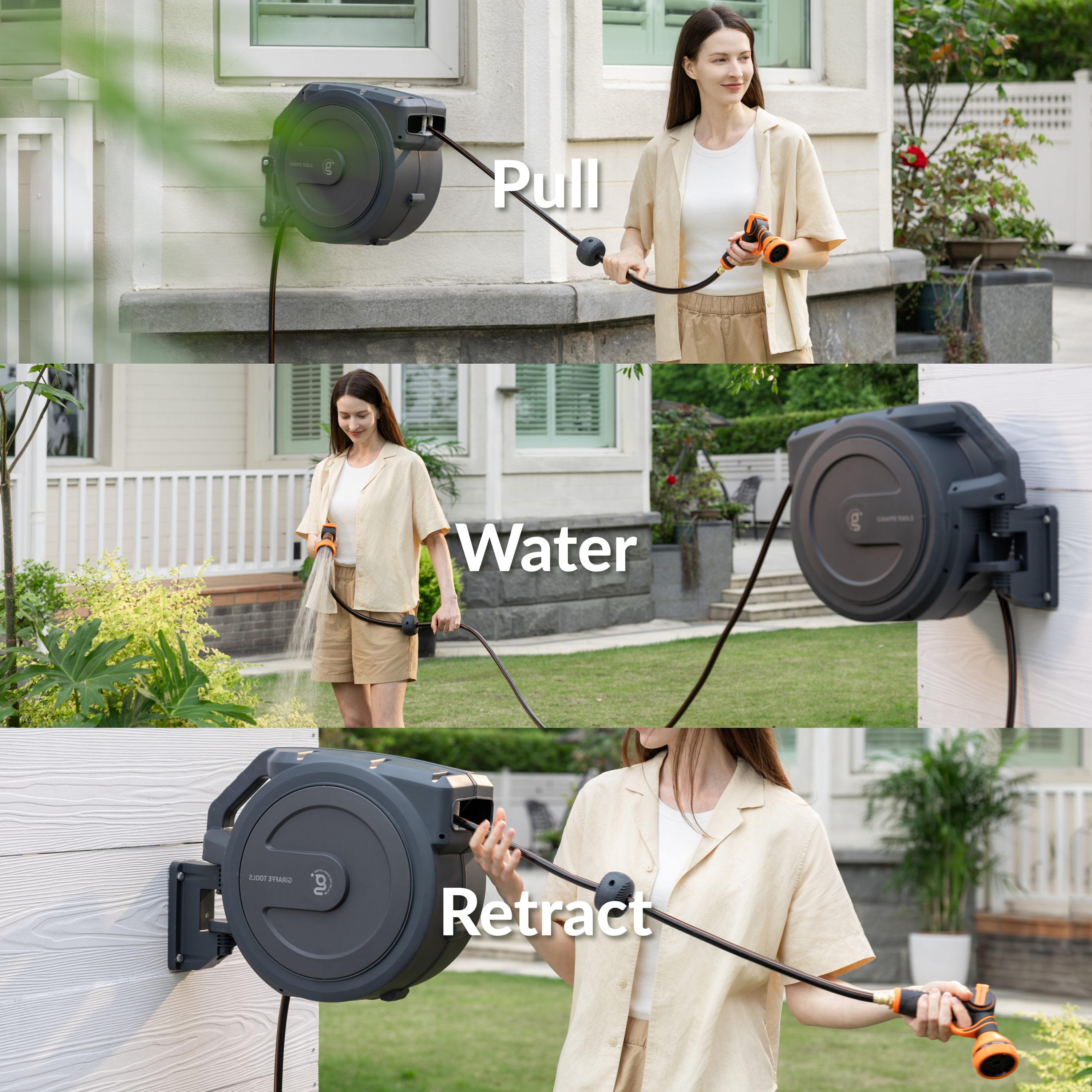Retractable garden hose reel with hose feeding out while user holds the nozzle