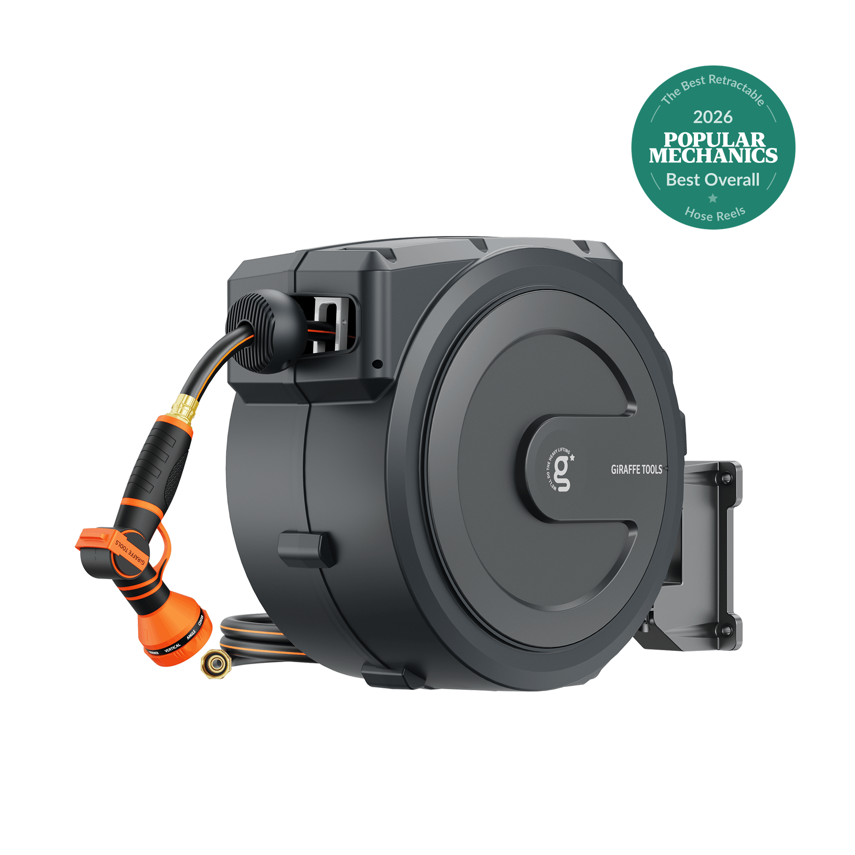 Retractable garden hose reel with dark gray housing and orange hose connector