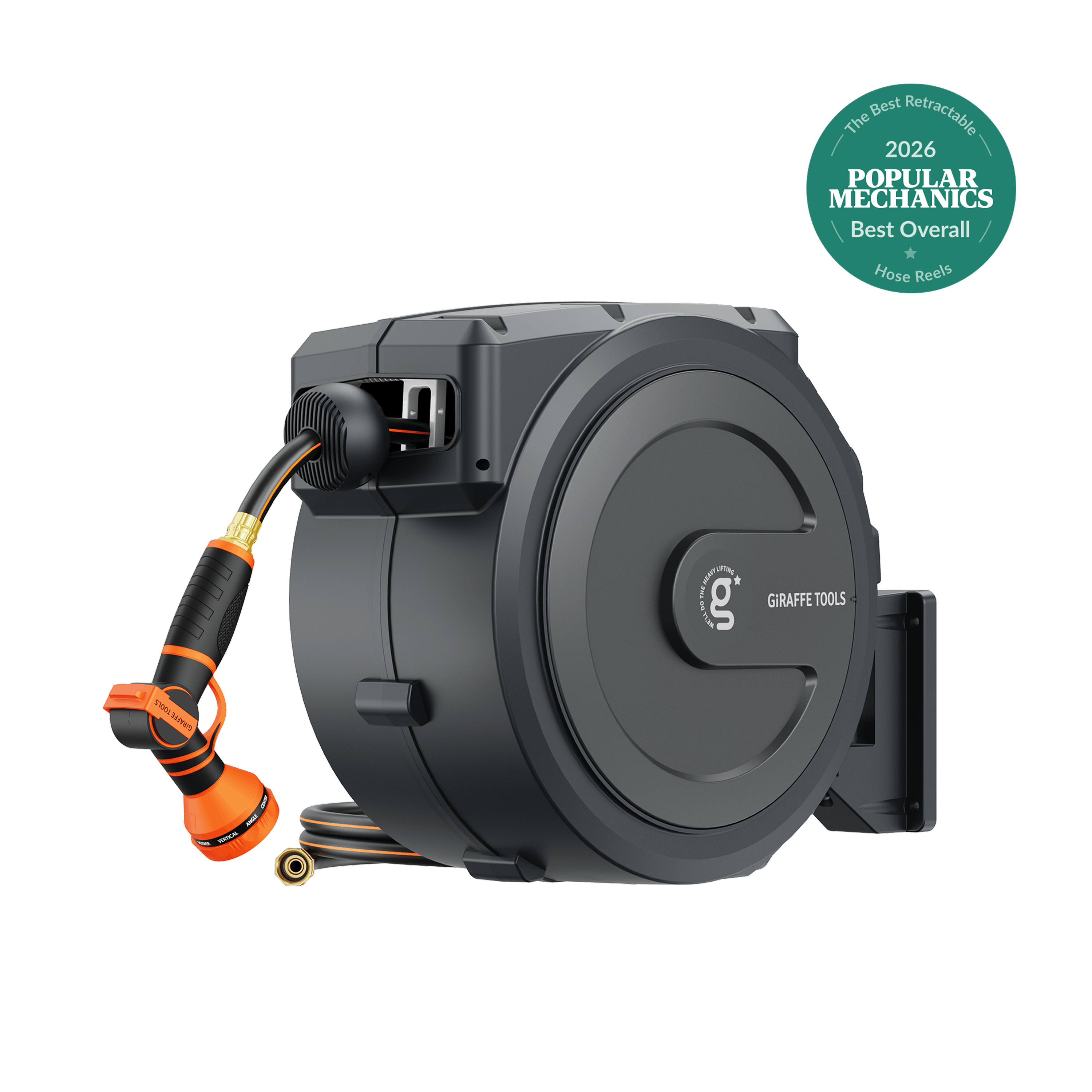 Retractable garden hose reel with dark gray housing and orange/black hose connection