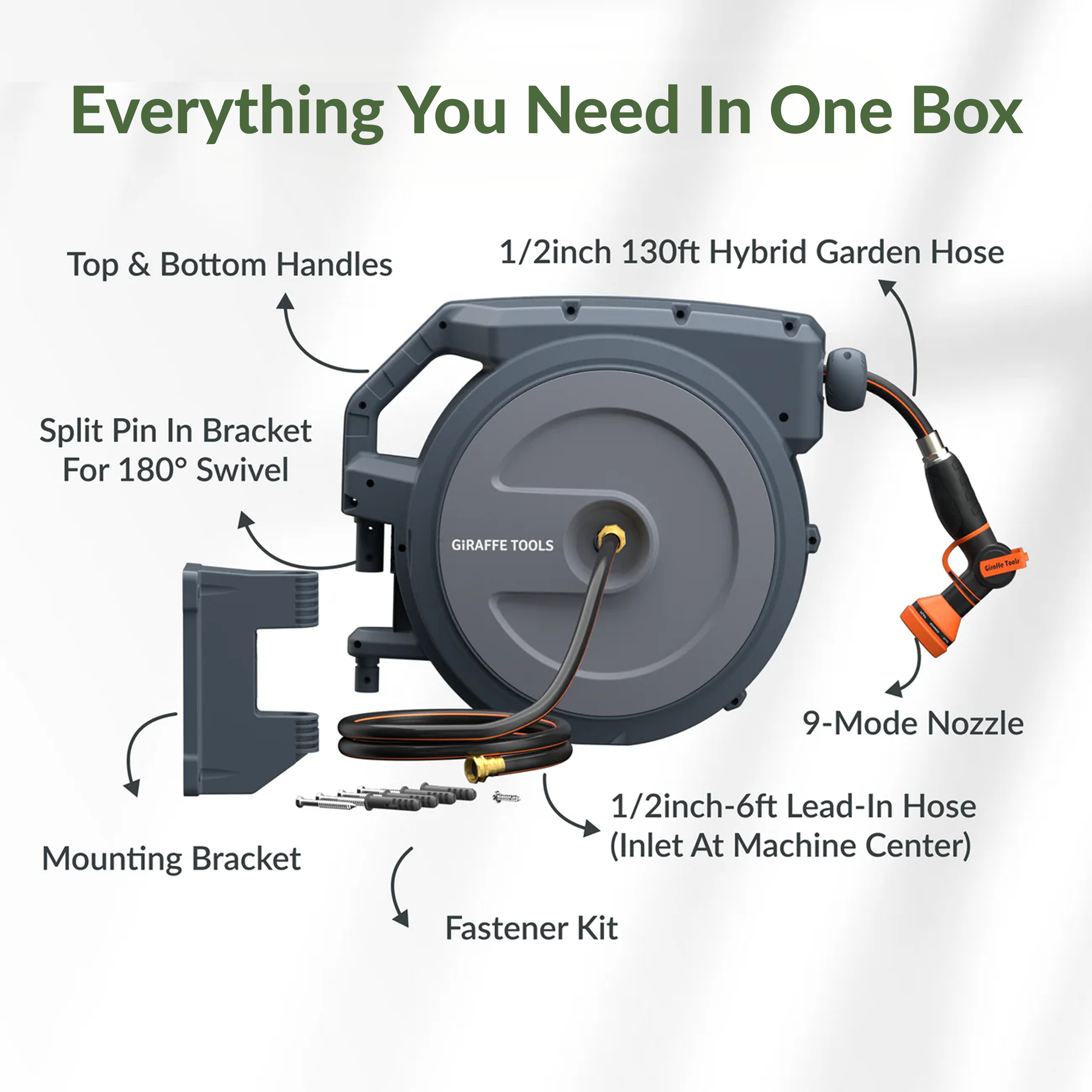 Retractable hose reel kit with gray reel, connected hose, nozzle, and mounting bracket
