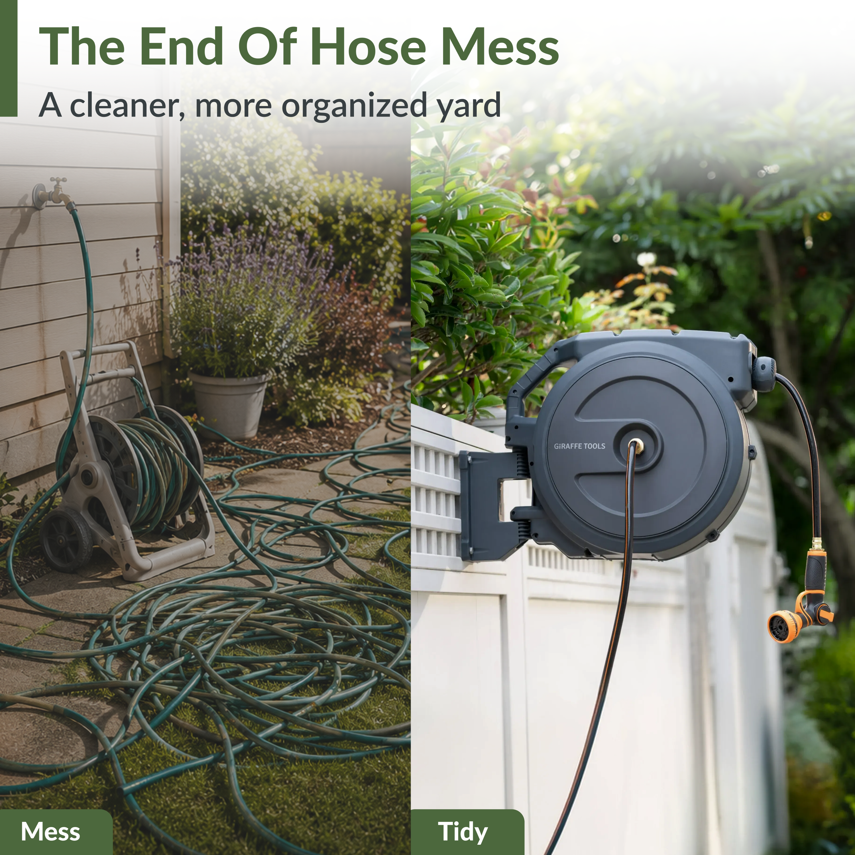 Retractable garden hose reel mounted on a fence, showing tidy hose setup