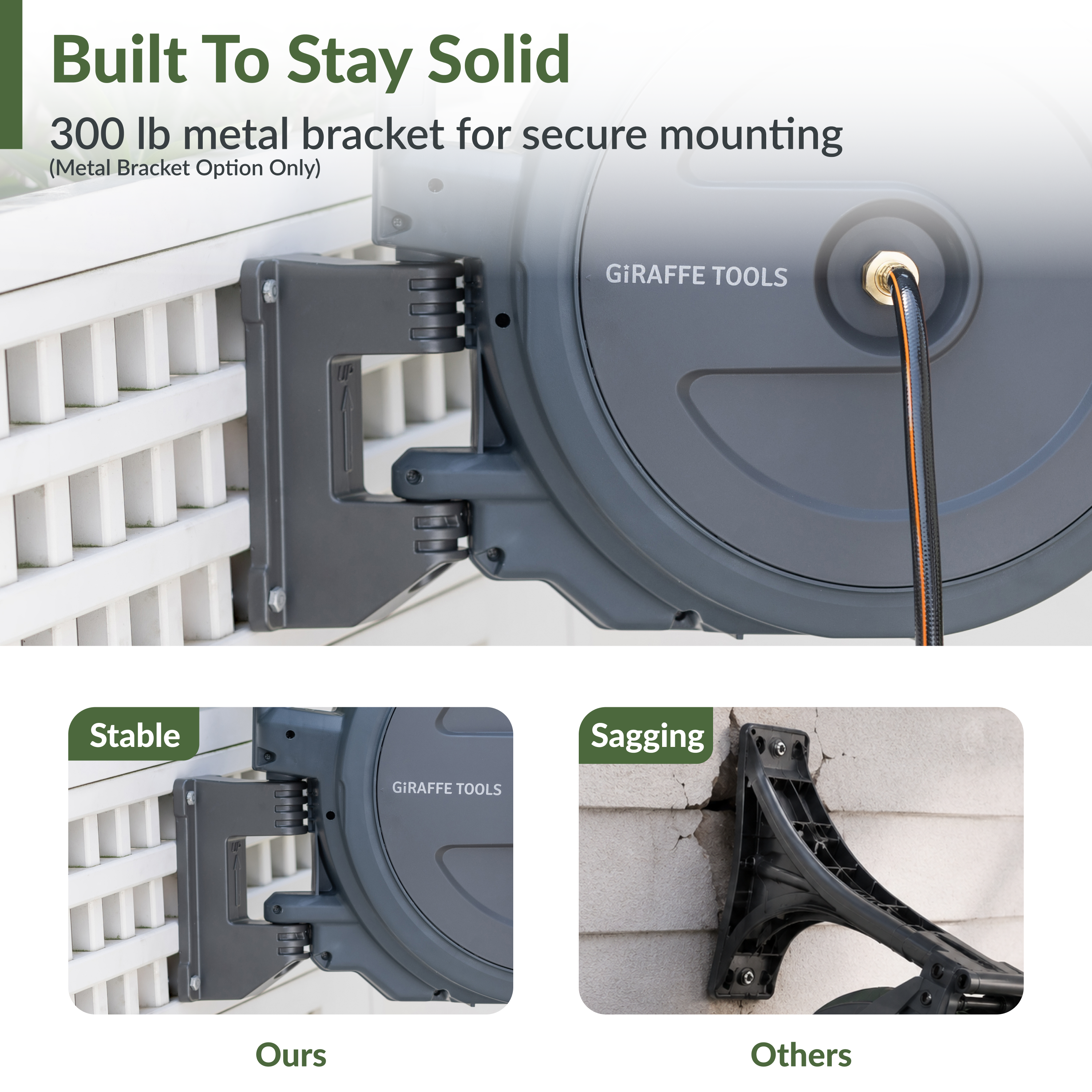 Retractable hose reel with metal bracket for secure mounting on fence, dark grey