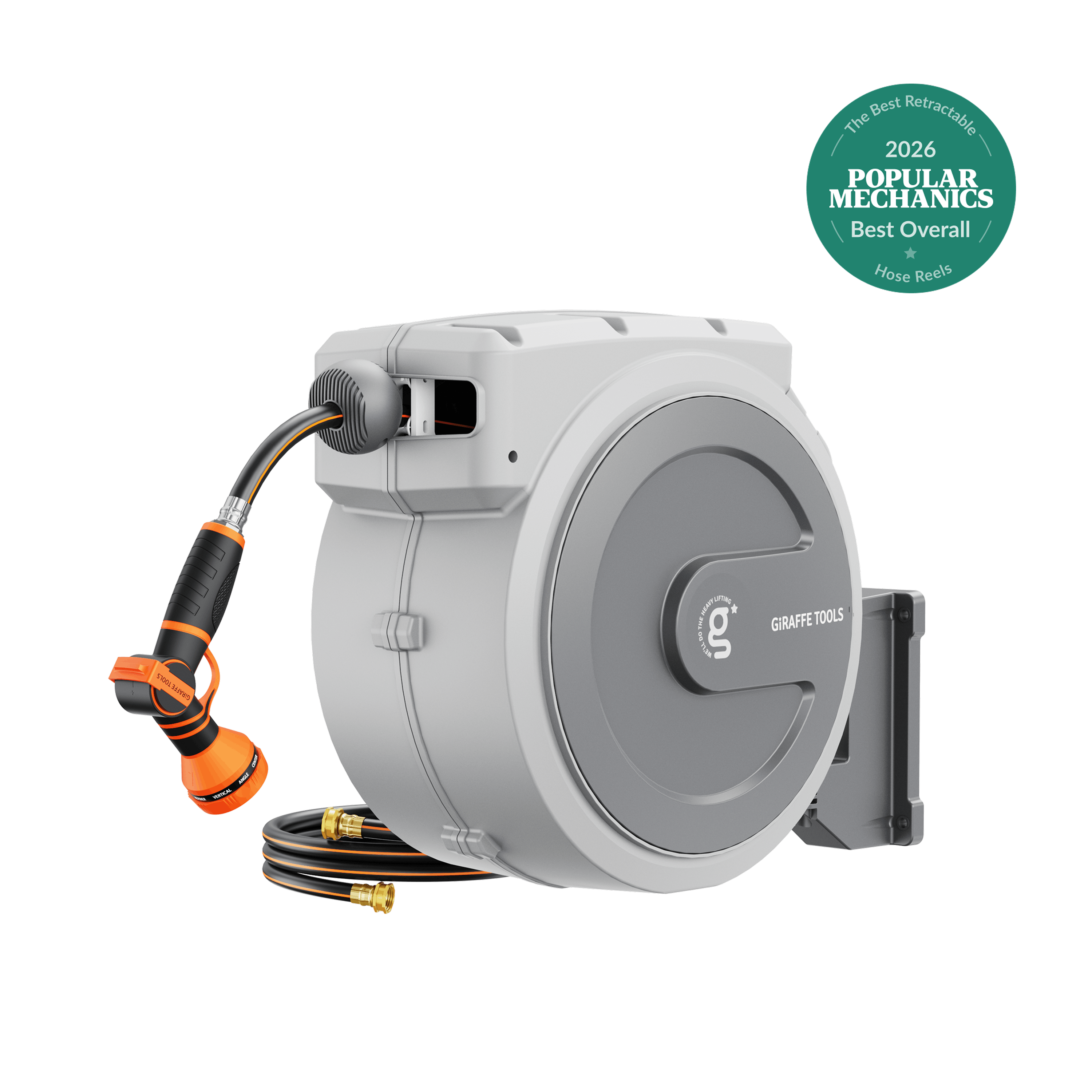 Retractable garden hose reel in light grey with attached hose and orange nozzle