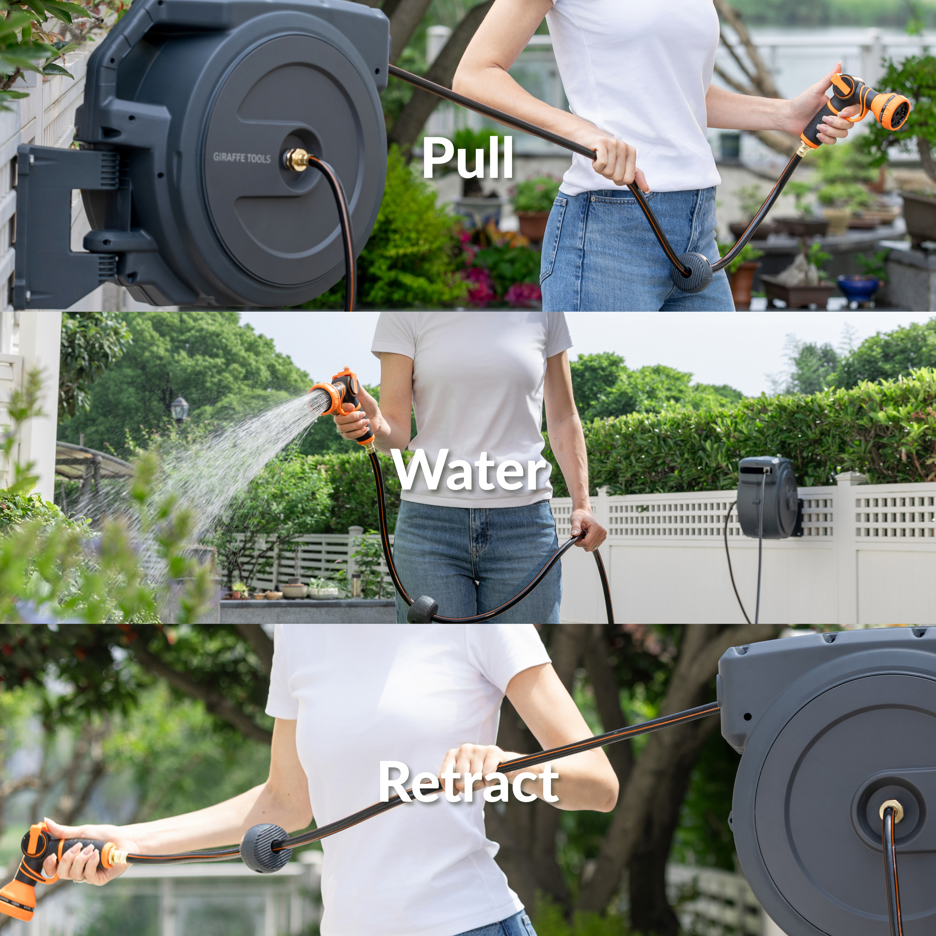 Retractable garden hose reel with hose pulled out to spray from an orange nozzle