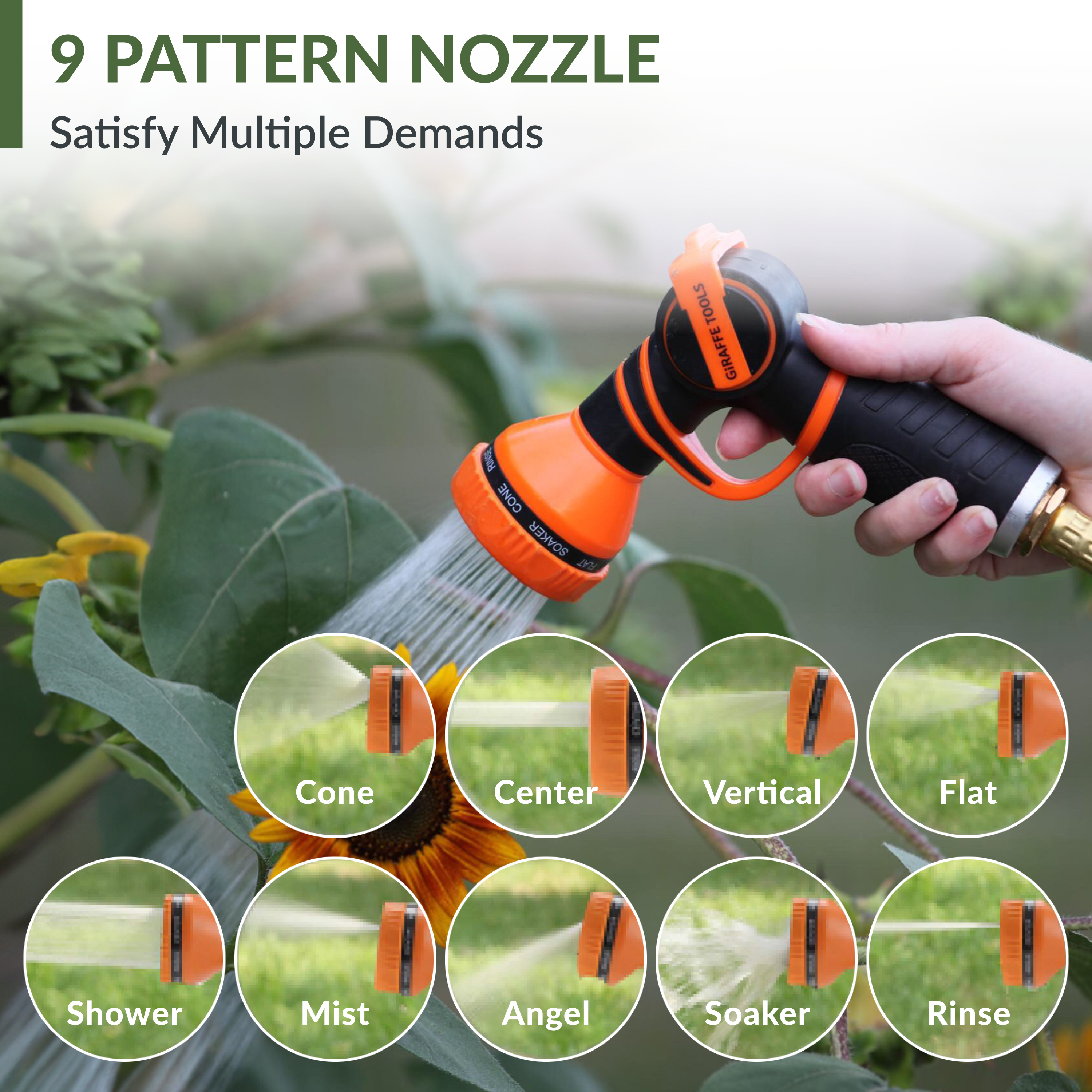 Orange pattern spray nozzle on a retractable garden hose, watering through green leaves