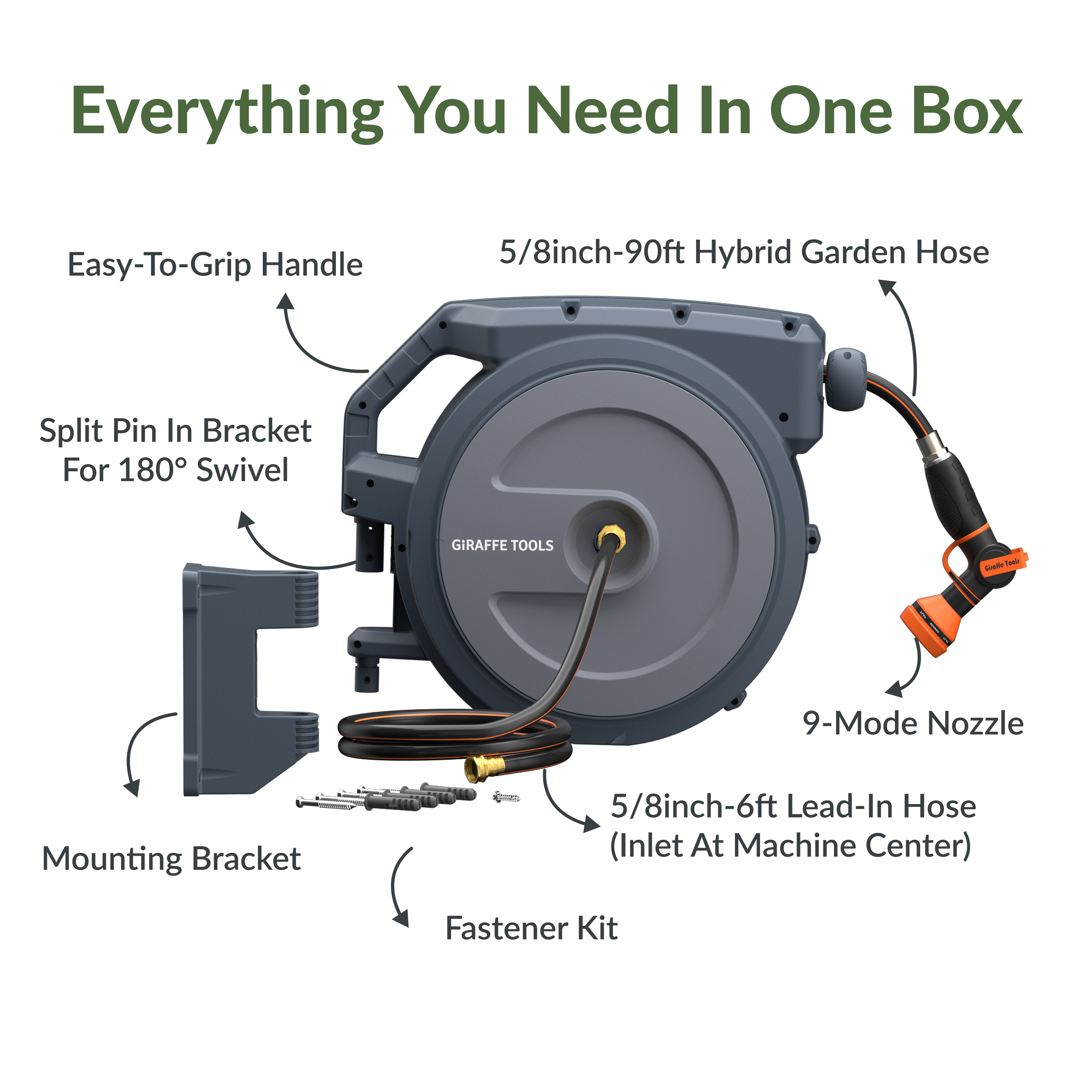 Retractable garden hose reel diagram with nozzle, hose, and mounting bracket details