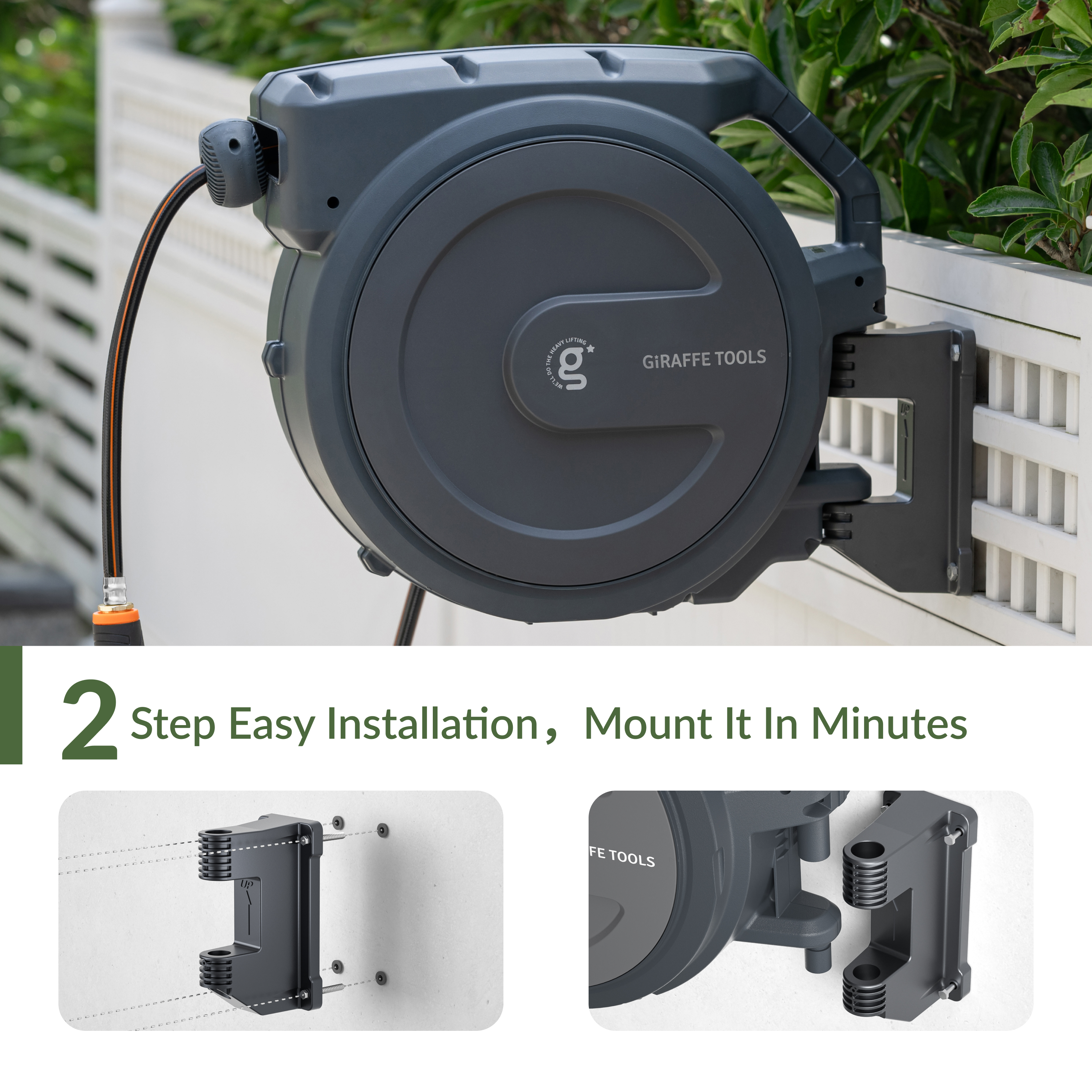 Retractable garden hose reel mounted on a fence with hose connected for installation