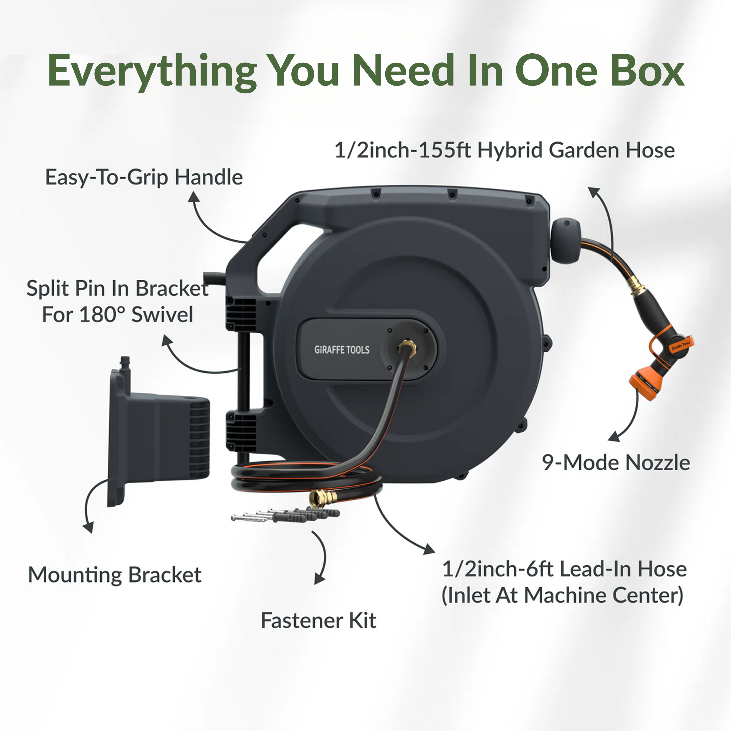 Retractable garden hose reel kit components with dark gray reel and hose
