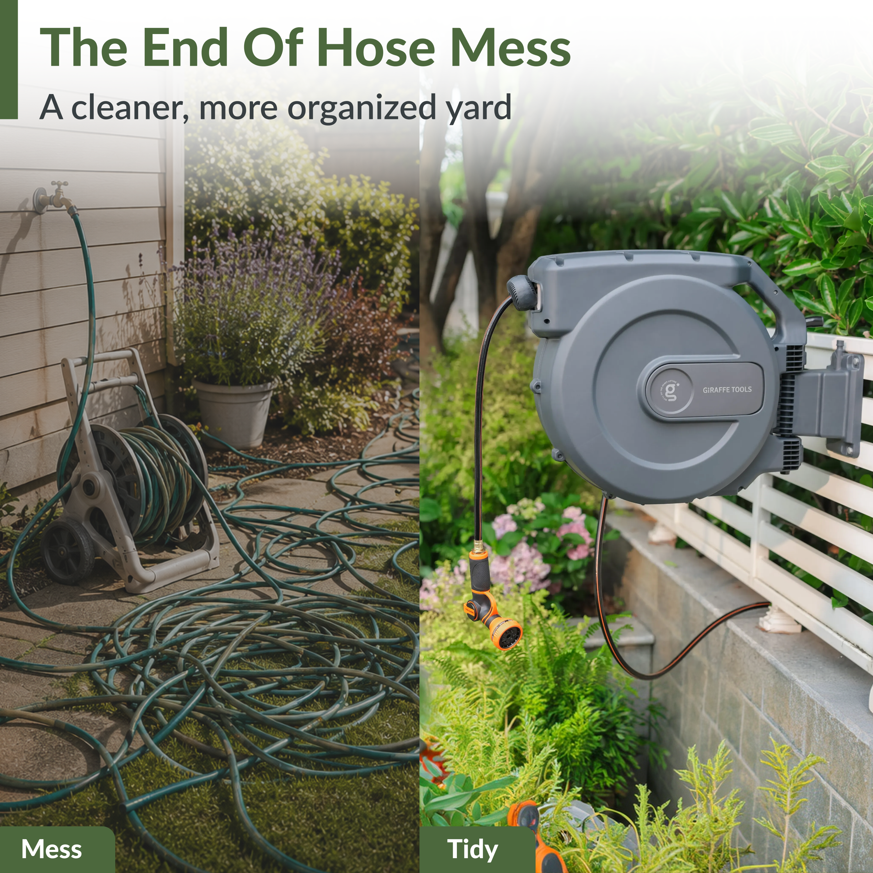 Retractable garden hose reel with long hose extended and orange nozzle, dark gray casing