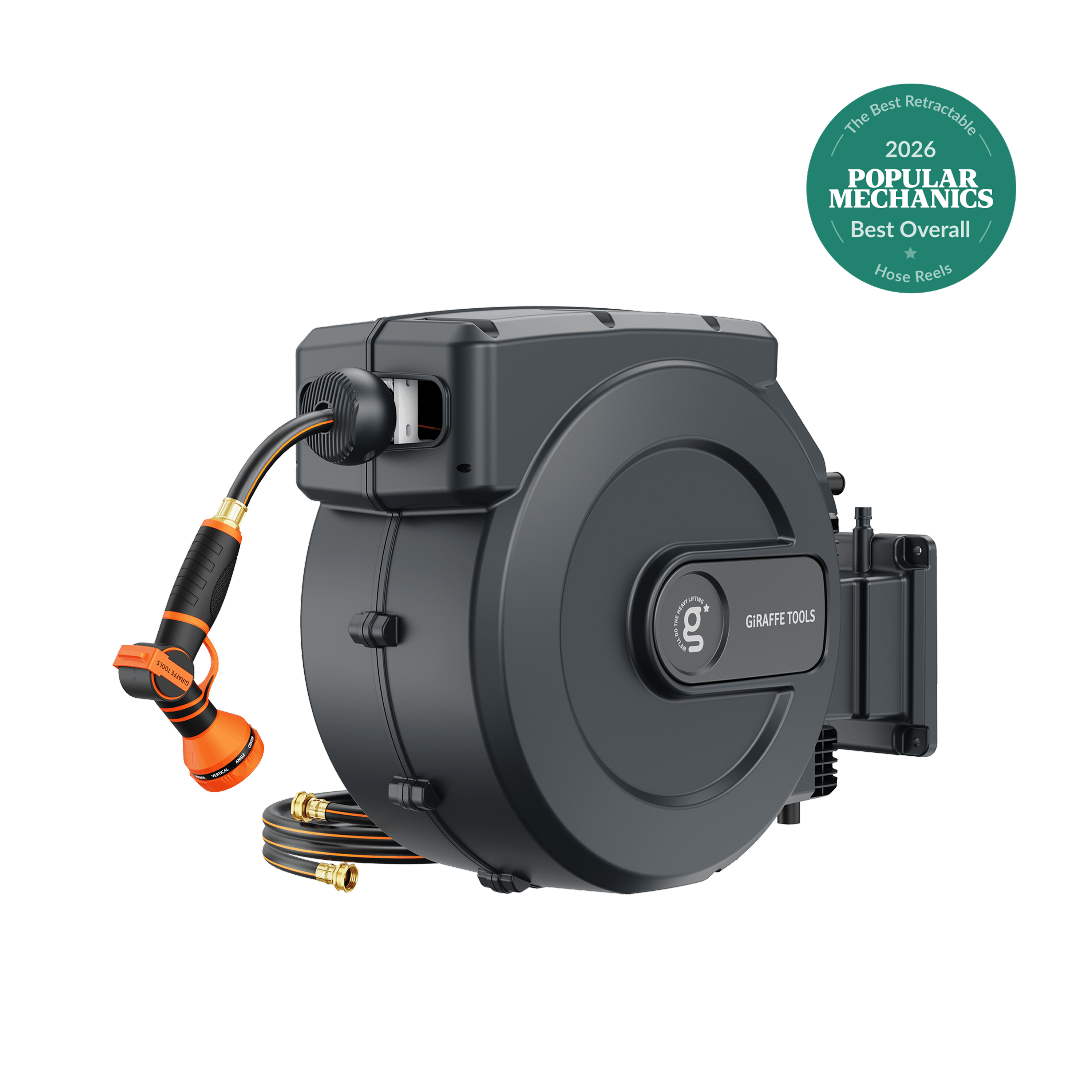 Dark gray retractable garden hose reel with orange nozzle and black hose connector