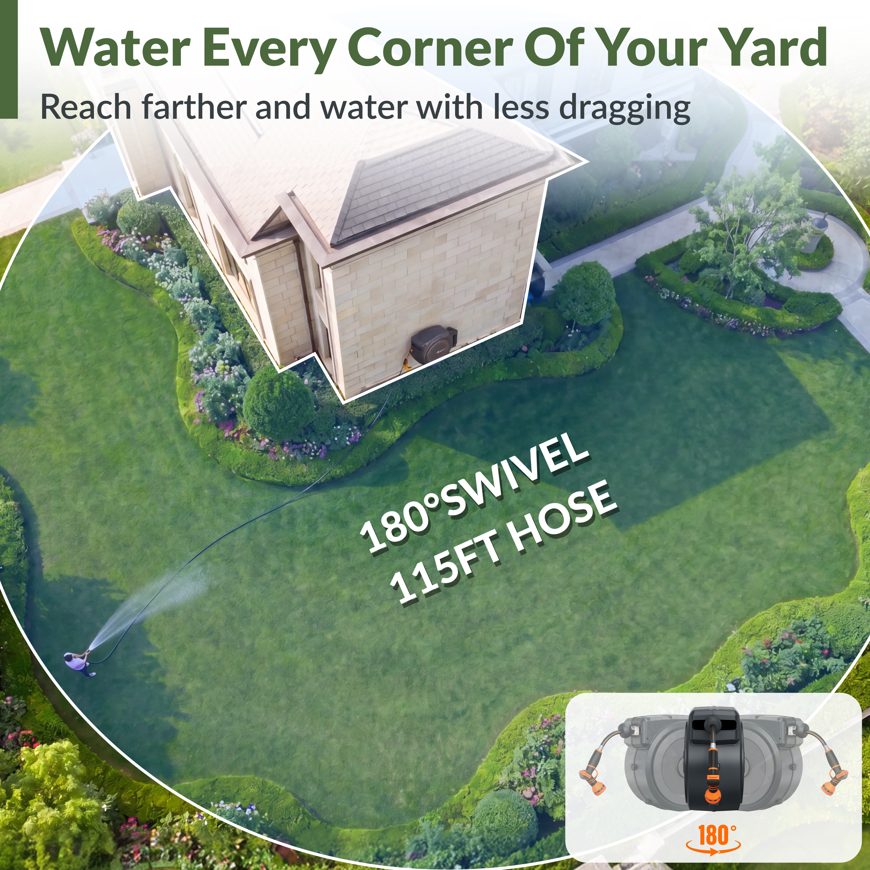 Retractable garden hose reel mounted on a fence with long hose reach