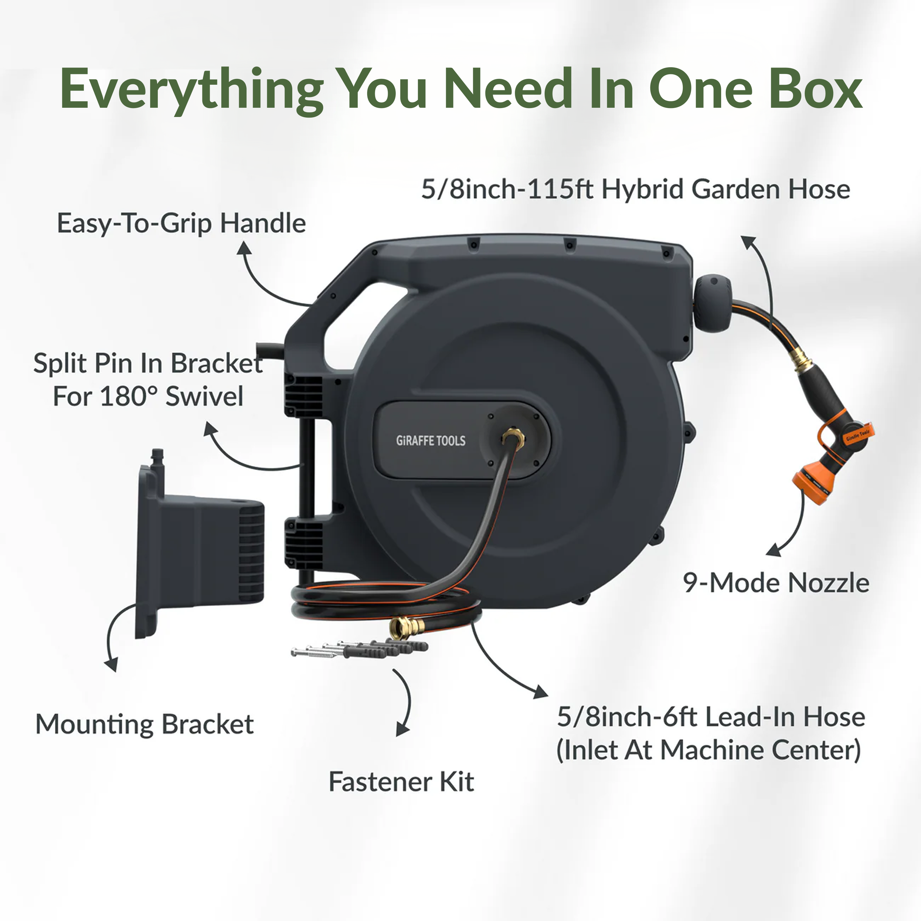 Garden hose reel kit with 9-mode nozzle, mounting brackets, and lead-in hose