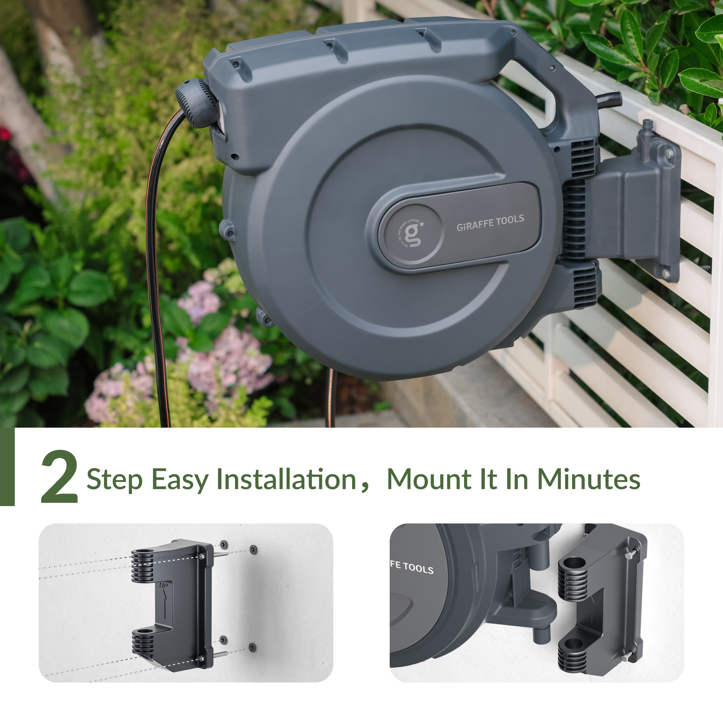 Dark gray retractable garden hose reel with mounting bracket on a fence