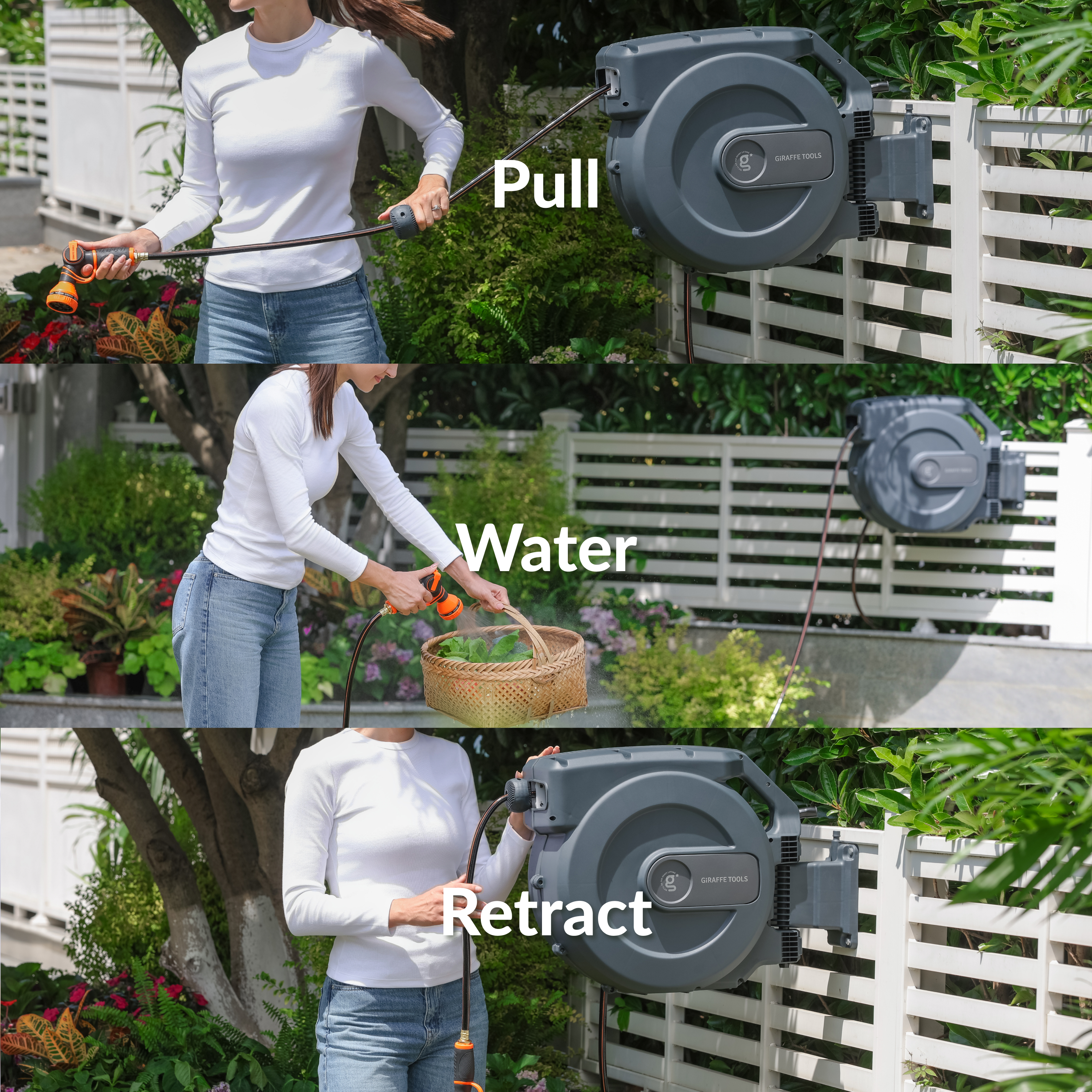 Retractable hose reel with orange nozzle spraying water beside a person