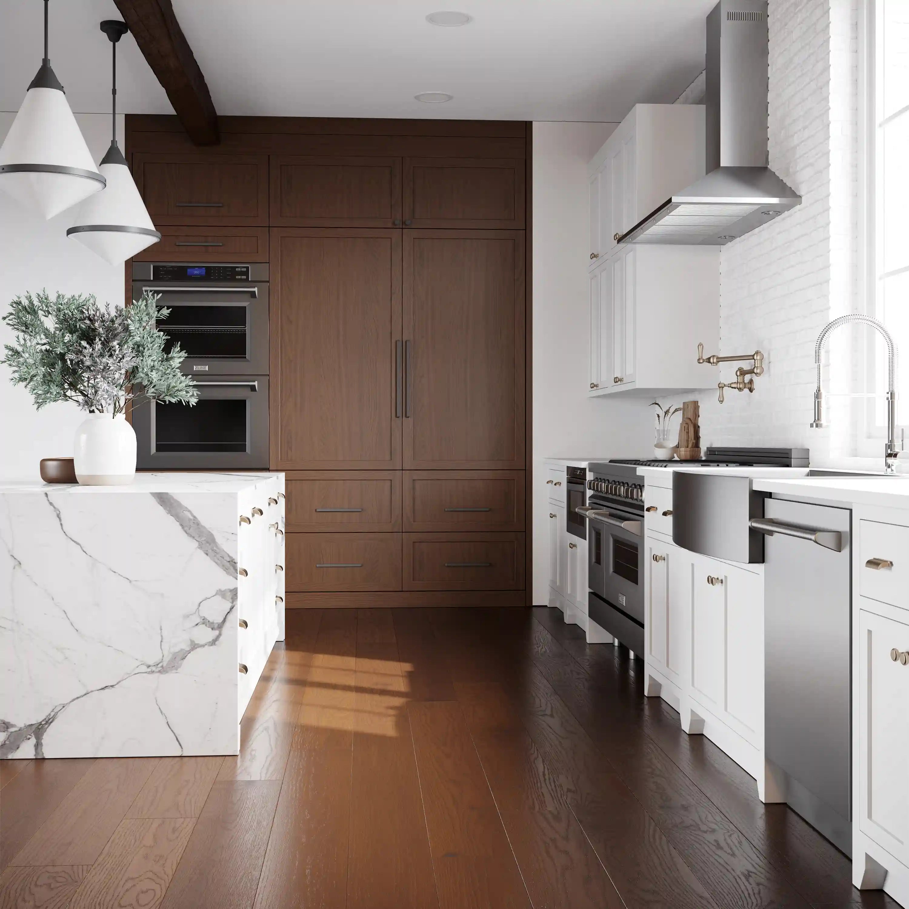 Stainless steel dual fuel range and refrigerator in a kitchen setting