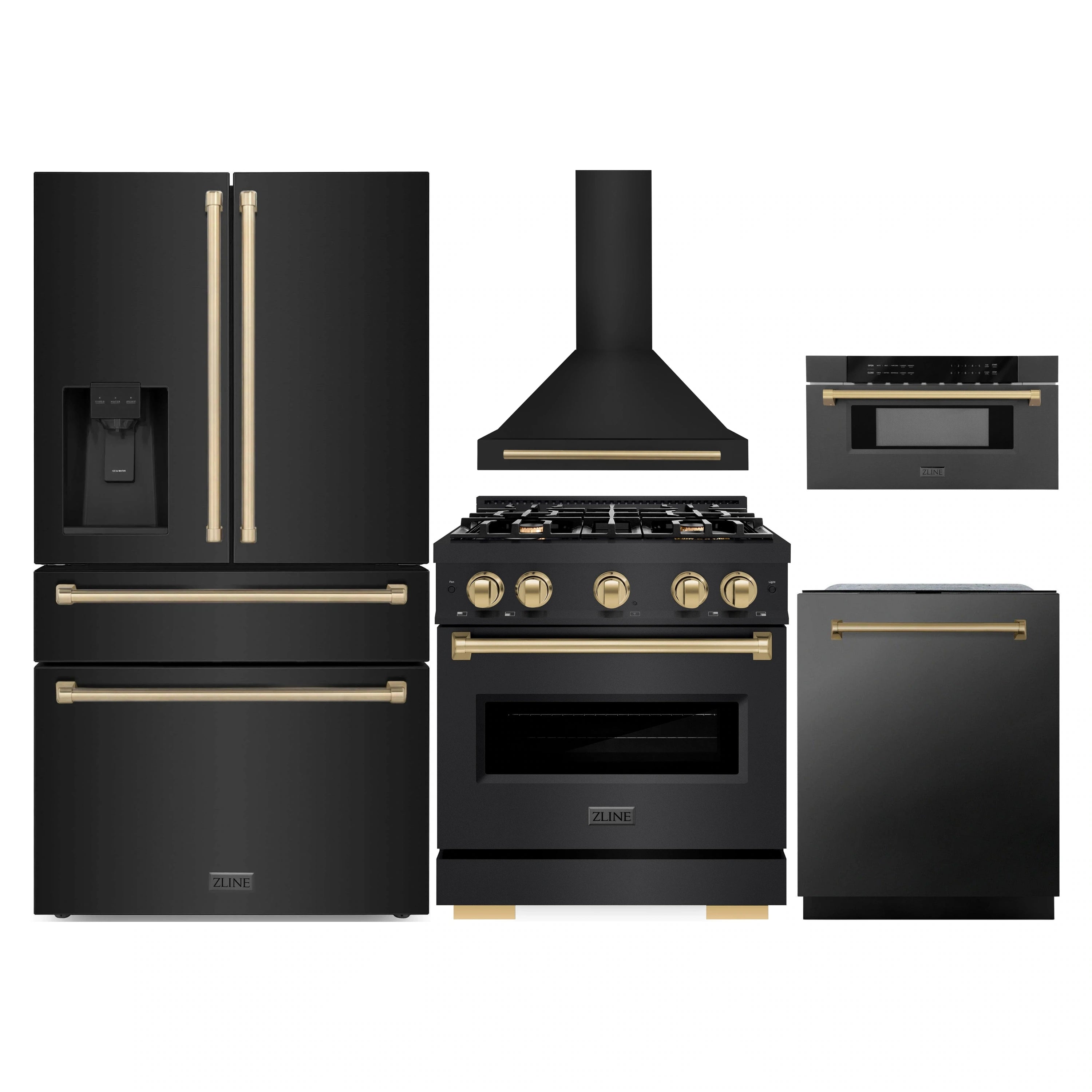 Black stainless steel appliance set with champagne bronze accents: range, hood, fridge, dishwasher