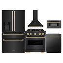 ZLINE 5-Piece Appliance Package - 30-Inch Autograph Edition Dual Fuel Range, Wall Mount Range Hood, 36-Inch French Door Refrigerator with Water Dispenser, Dishwasher, and 30-Inch Microwave Drawer in Black Stainless Steel with Champagne Bronze Accents