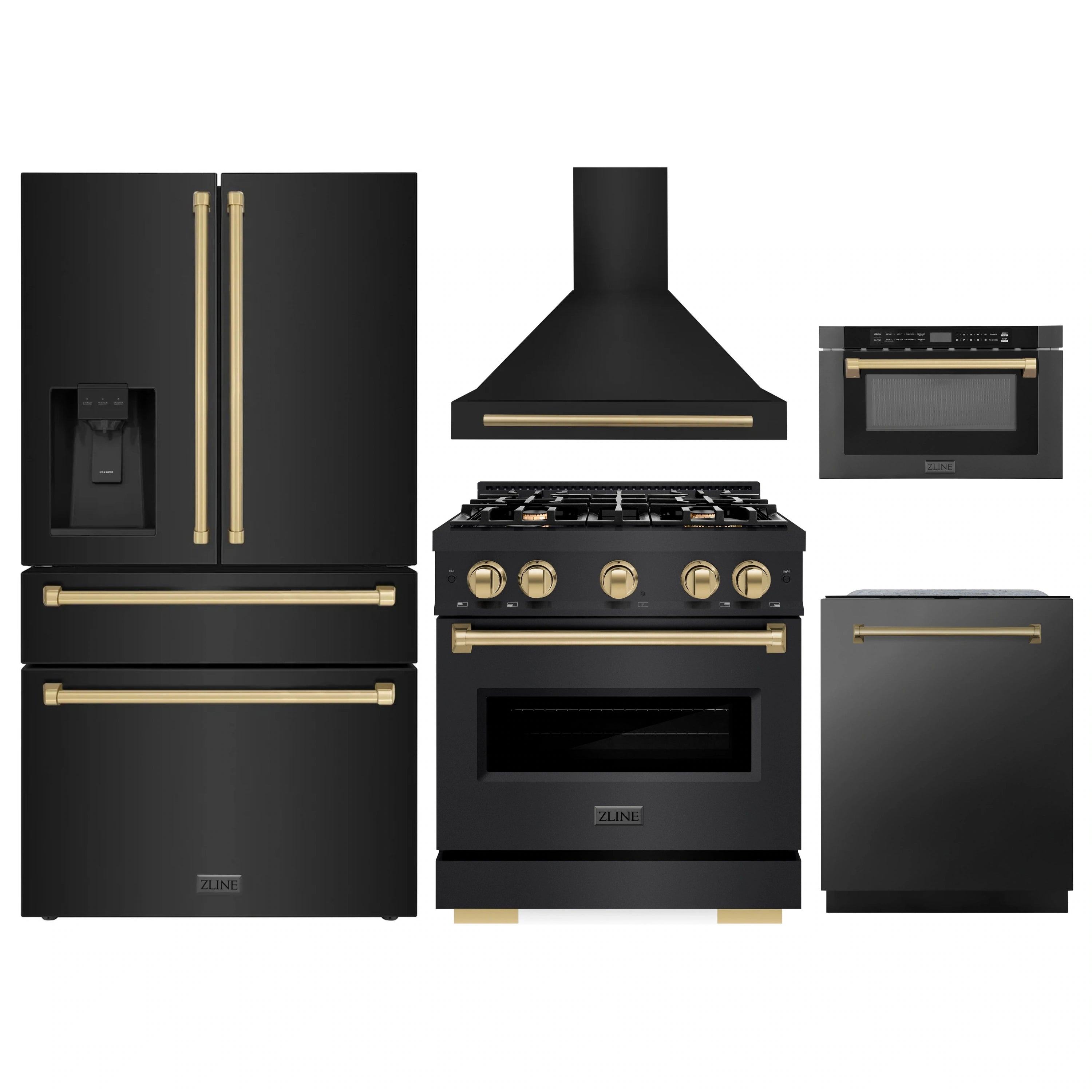 Black stainless kitchen appliance set with champagne bronze accents, including range and hood
