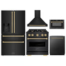ZLINE 5-Piece Appliance Package - 30-Inch Dual Fuel Range, Hood, Refrigerator with Water Dispenser, Dishwasher, and Microwave Drawer in Black Stainless Steel with Champagne Bronze Accents