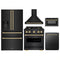 ZLINE 5-Piece Appliance Package - 30-Inch Dual Fuel Range, Hood, Refrigerator with Water Dispenser, Dishwasher, and Microwave Drawer in Black Stainless Steel with Champagne Bronze Accents