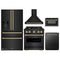 ZLINE 5-Piece Appliance Package - 30-Inch Dual Fuel Range, Hood, Refrigerator with Water Dispenser, Dishwasher, and Microwave Drawer in Black Stainless Steel with Champagne Bronze Accents