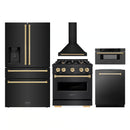 ZLINE 5-Piece Appliance Package - 30-Inch Autograph Edition Dual Fuel Range, Wall Mount Range Hood, 36-Inch French Door Refrigerator with Water Dispenser, Dishwasher, and 30-Inch Microwave Drawer in Black Stainless Steel with Gold Accents