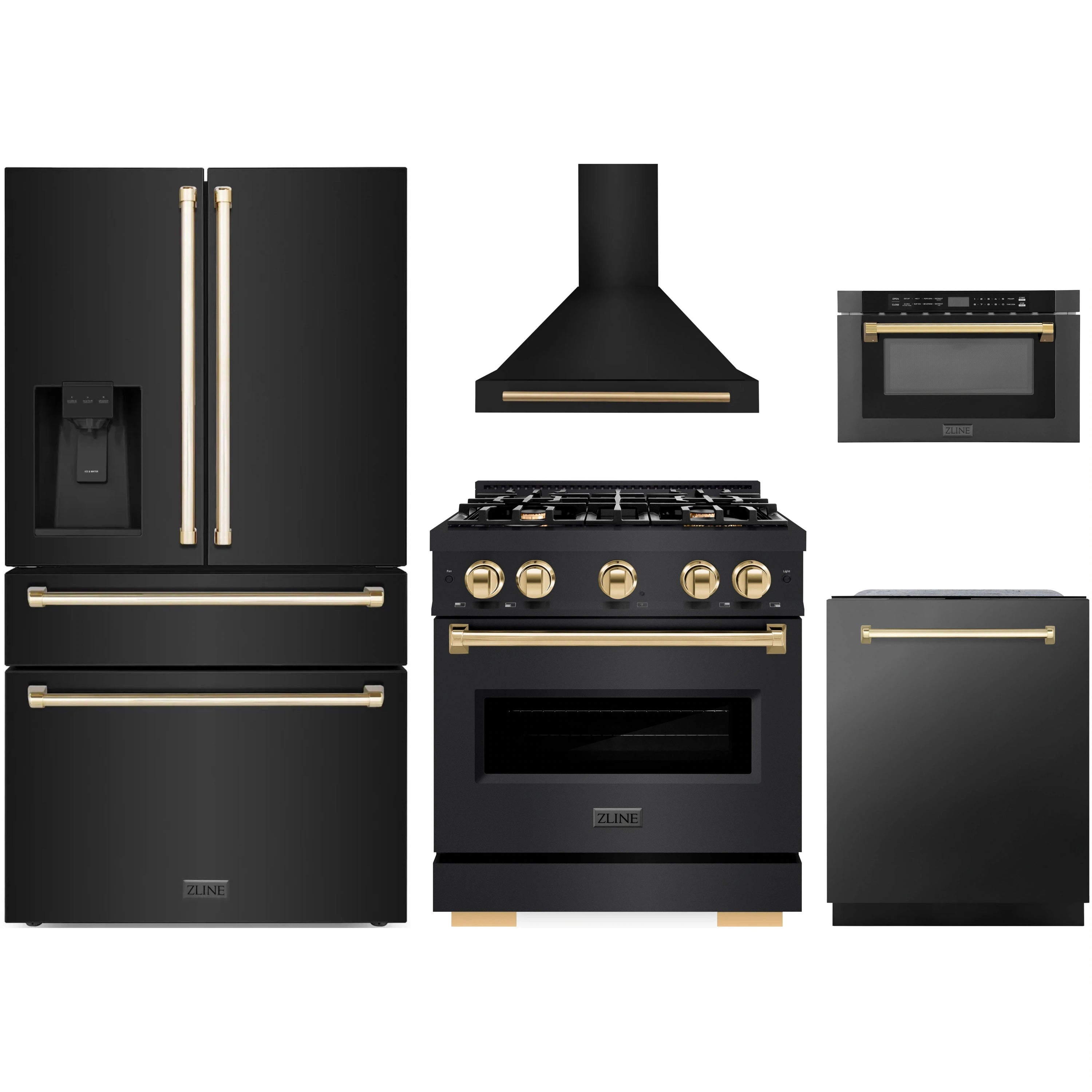 Black stainless appliance bundle: range, hood, refrigerator, and microwave drawer, gold accents