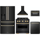 ZLINE 5-Piece Appliance Package - 30-Inch Dual Fuel Range, Hood, Refrigerator with Water Dispenser, Dishwasher, and Microwave Drawer in Black Stainless Steel with Gold Accents