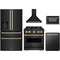 ZLINE 5-Piece Appliance Package - 30-Inch Dual Fuel Range, Hood, Refrigerator with Water Dispenser, Dishwasher, and Microwave Drawer in Black Stainless Steel with Gold Accents